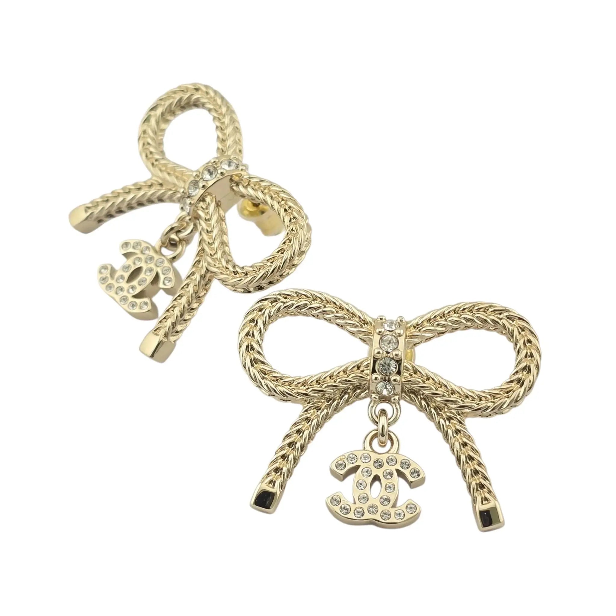 Chanel CC Crystal Bow Drop Earrings Gold 2024 CHANEL