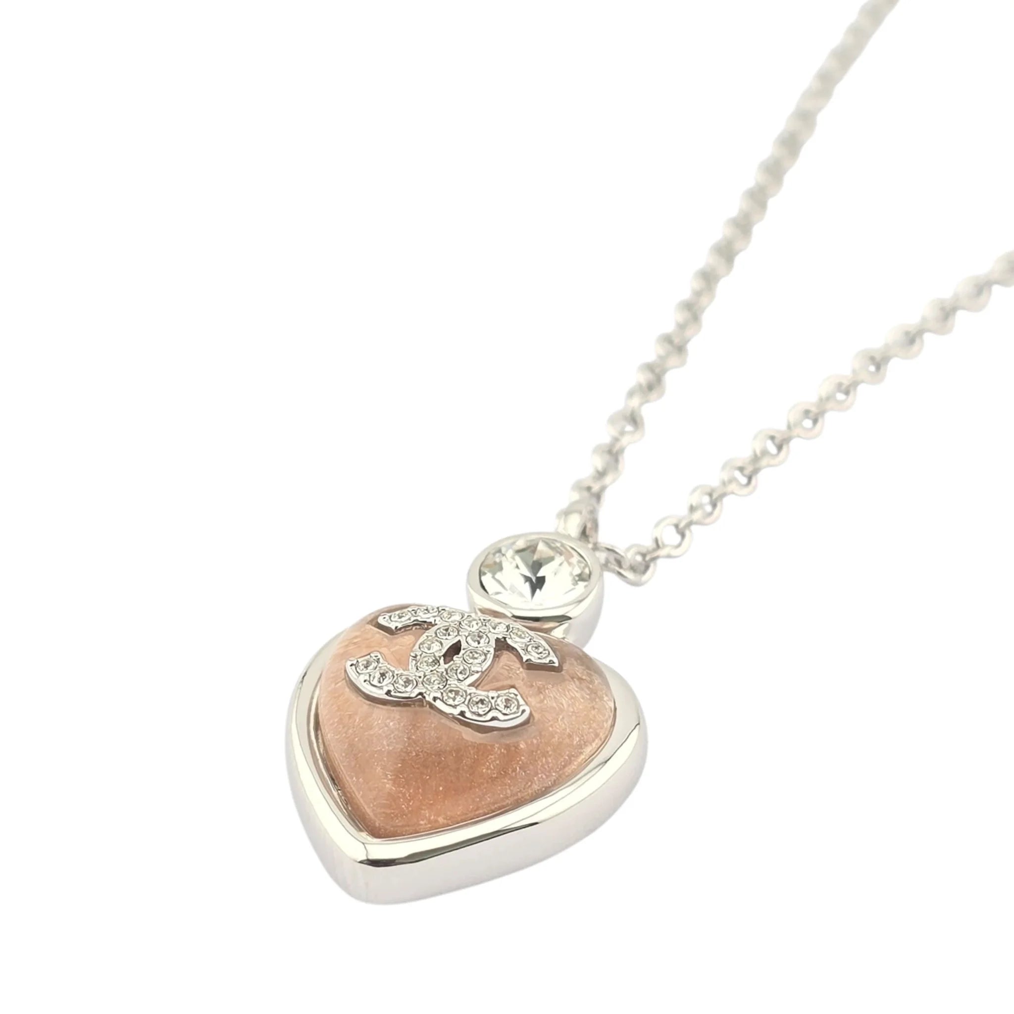 Chanel CC Pink Heart Silver Crystal Metal Necklace B25 CHANEL
