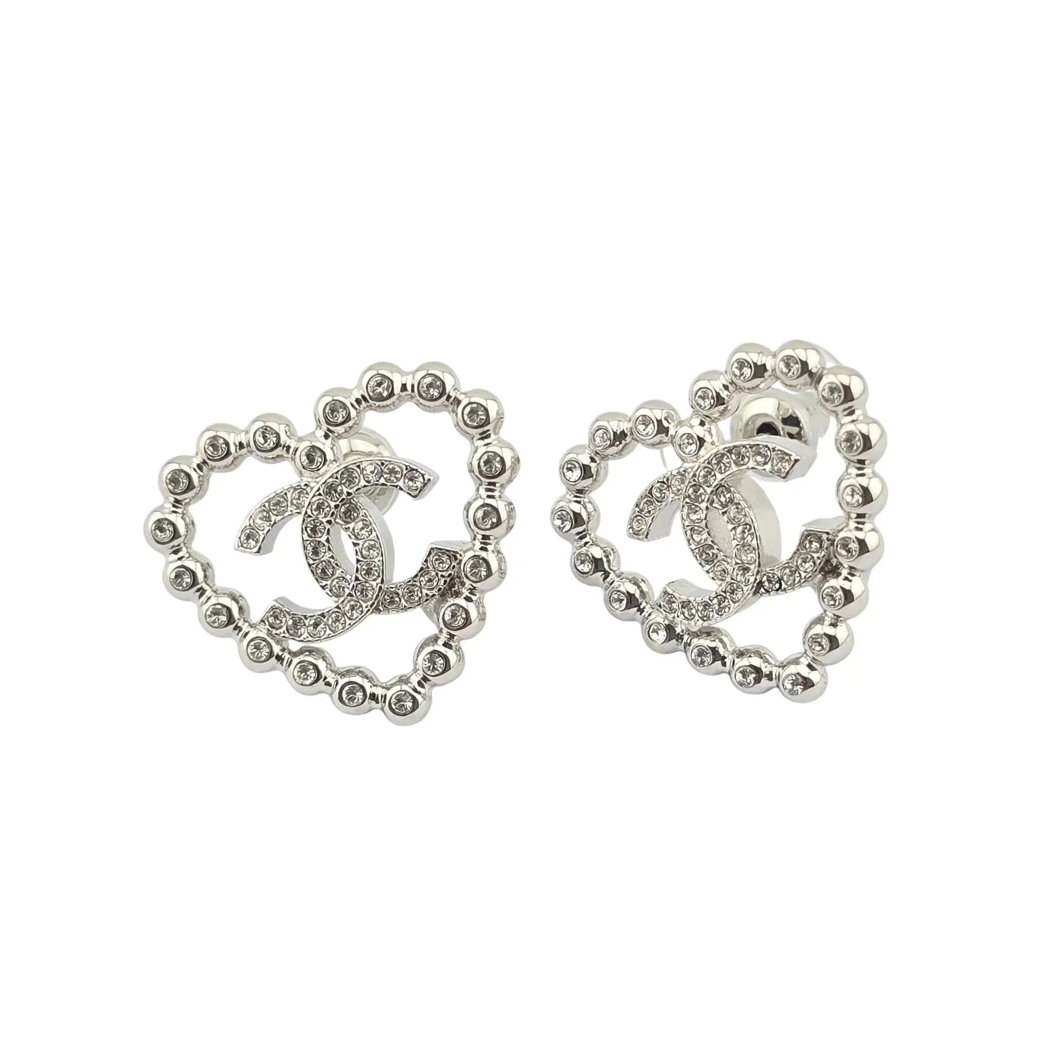 Chanel CC Crystal Heart Silver Earrings 2025 CHANEL