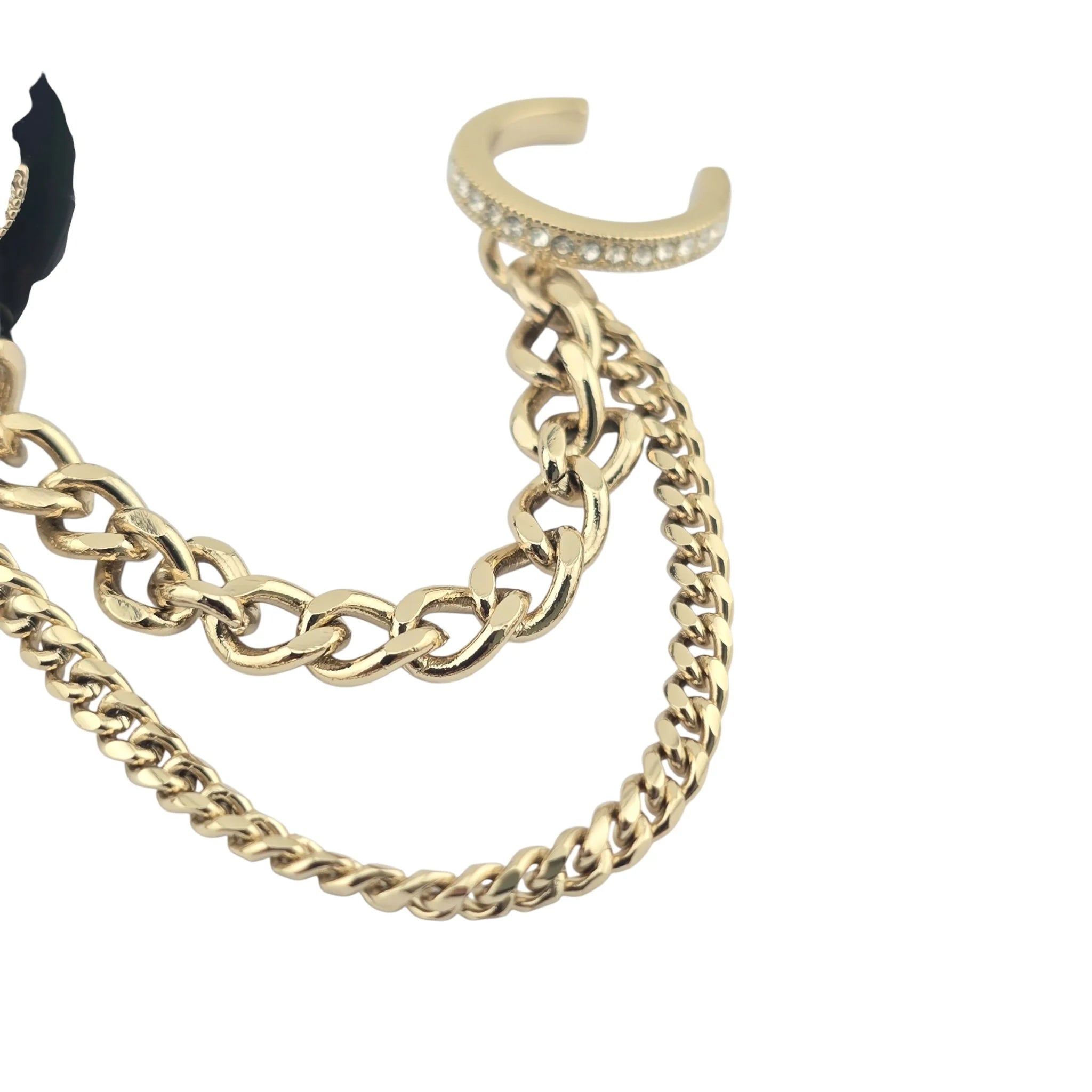 Chanel CC Resin Crystal Heart Chain Cuff Earrings Black Gold CHANEL