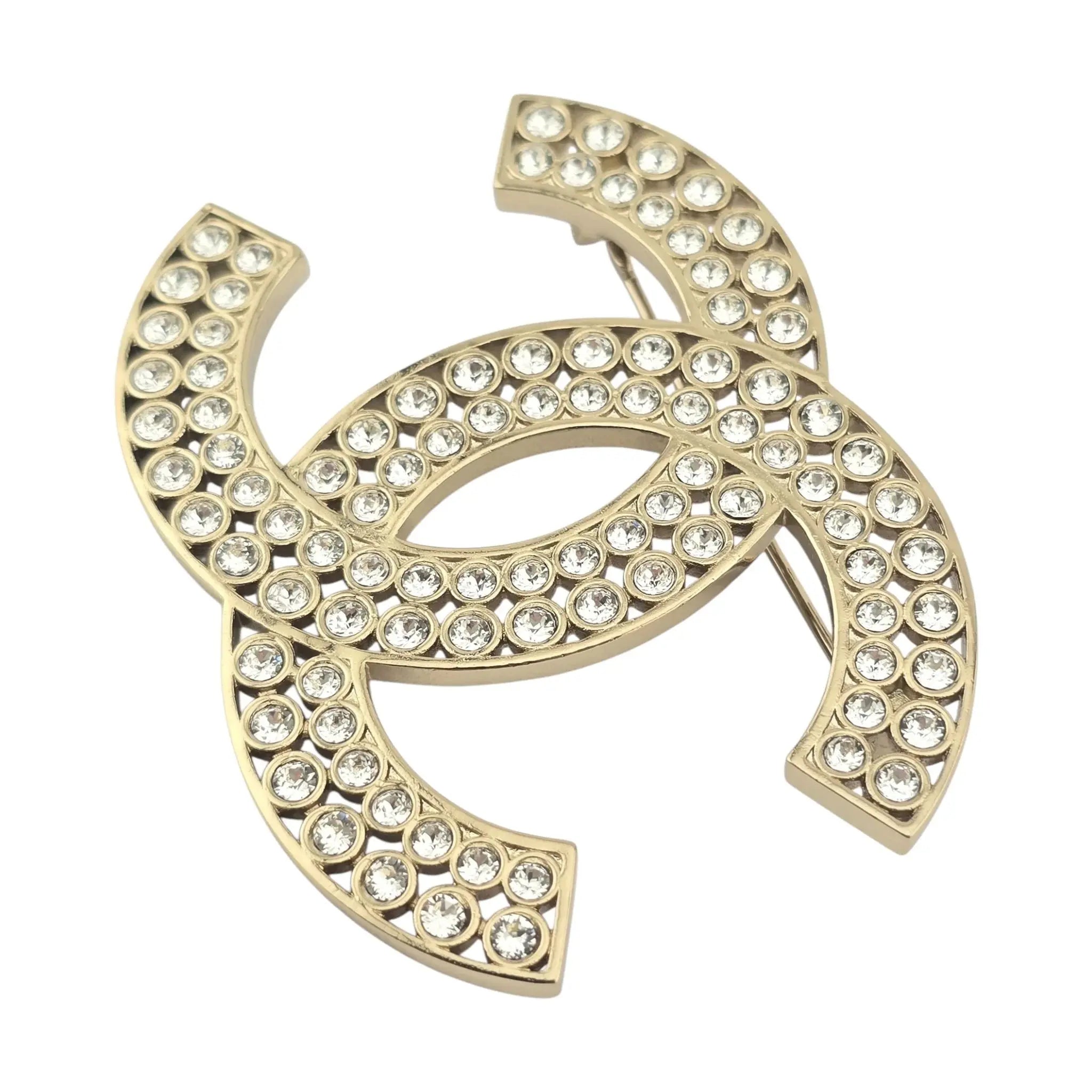 Chanel CC Metal Crystal Brooch Gold 2023 CHANEL