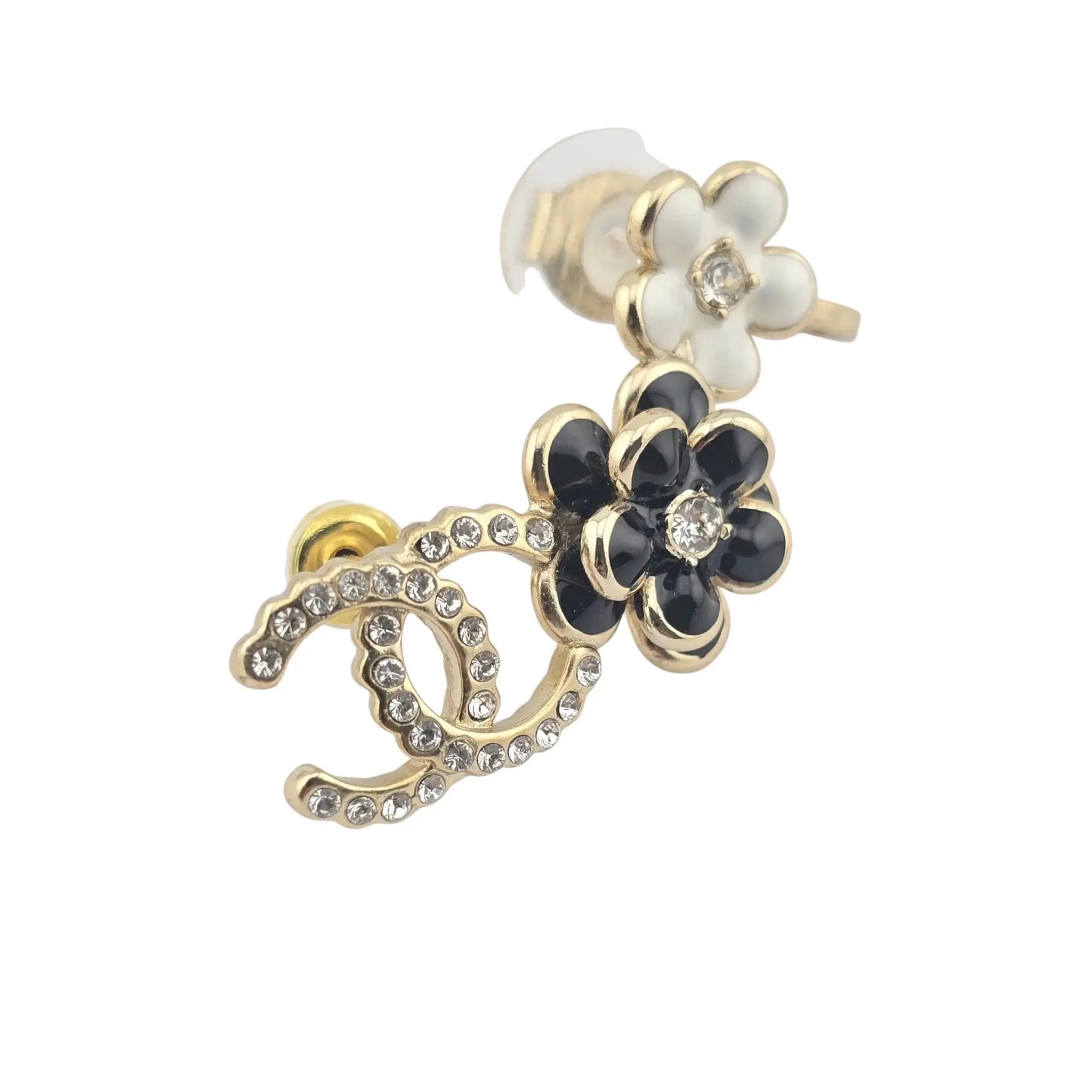Chanel CC Crystal Enamel Camelia Clip On Stud  Earrings Black White CHANEL