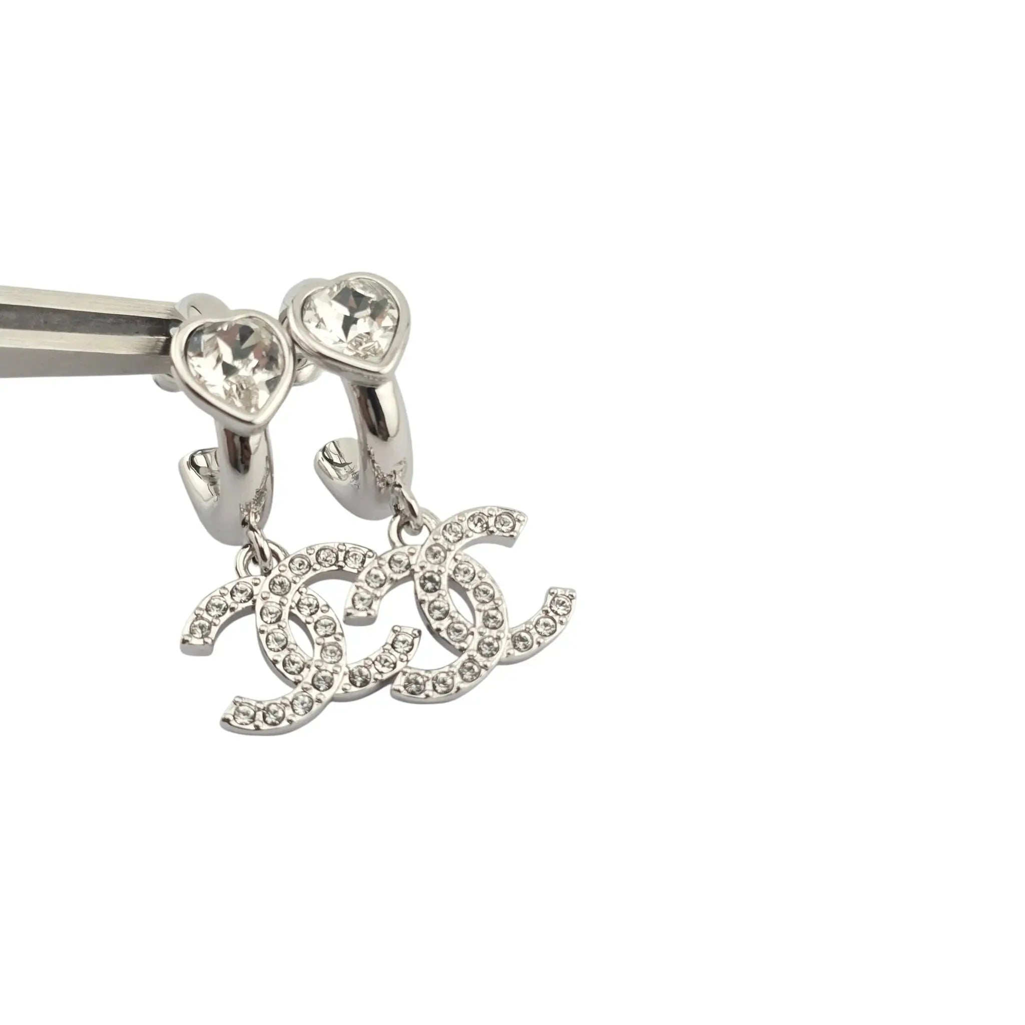 Chanel CC Crystal Heart Drop Silver Earrings 2025 CHANEL