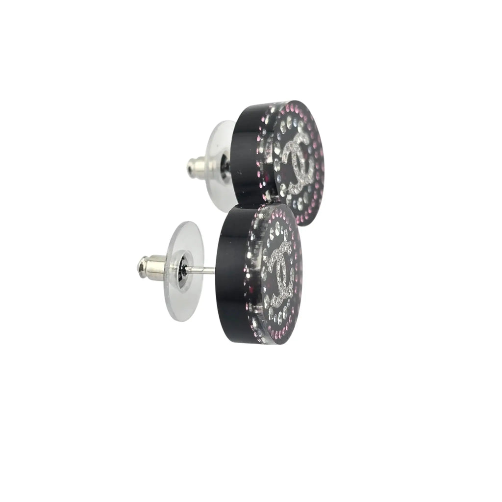 Chanel CC Resin Round Black Stud Crystal Earrings 2025 CHANEL