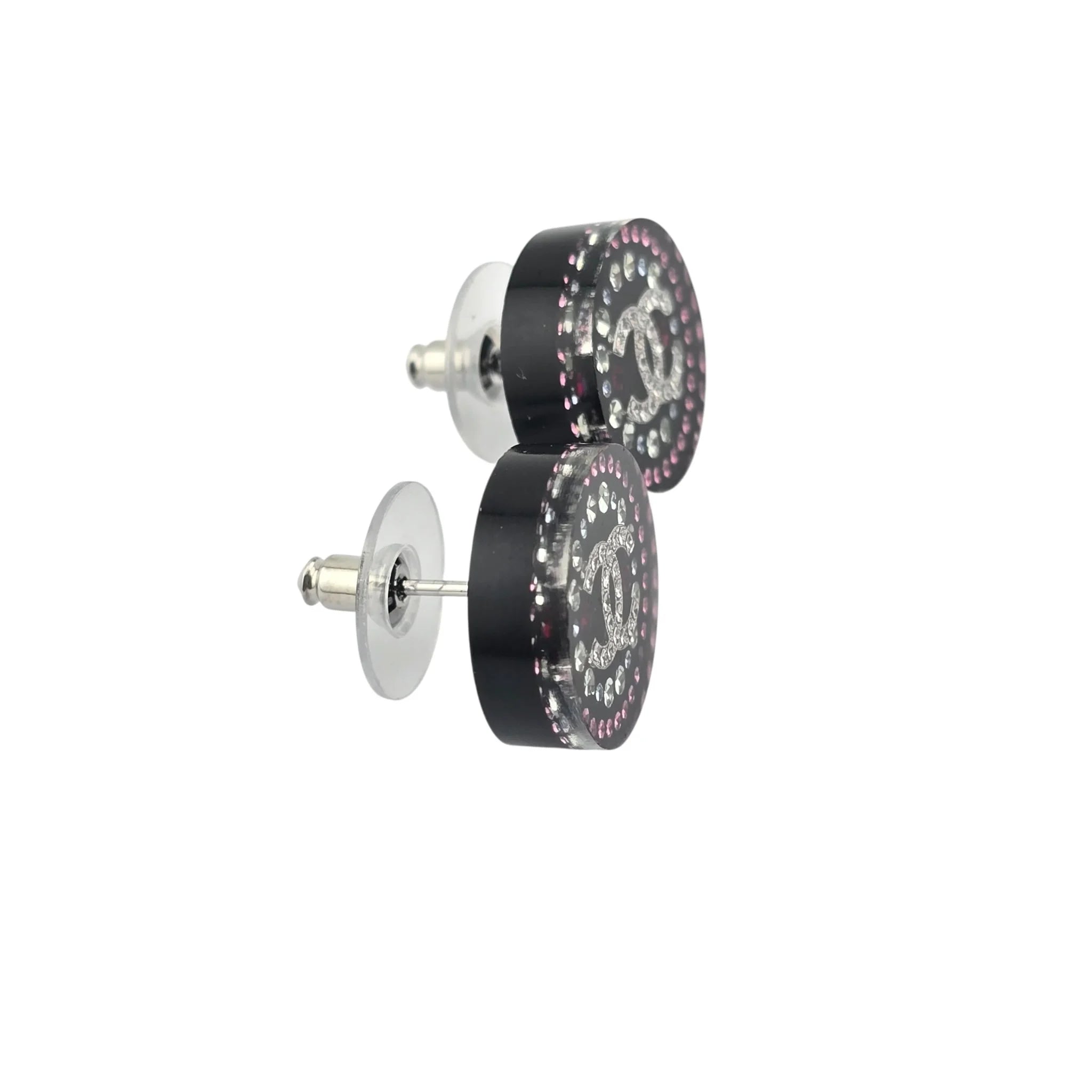 Chanel CC Resin Round Black Stud Crystal Earrings 2025 CHANEL