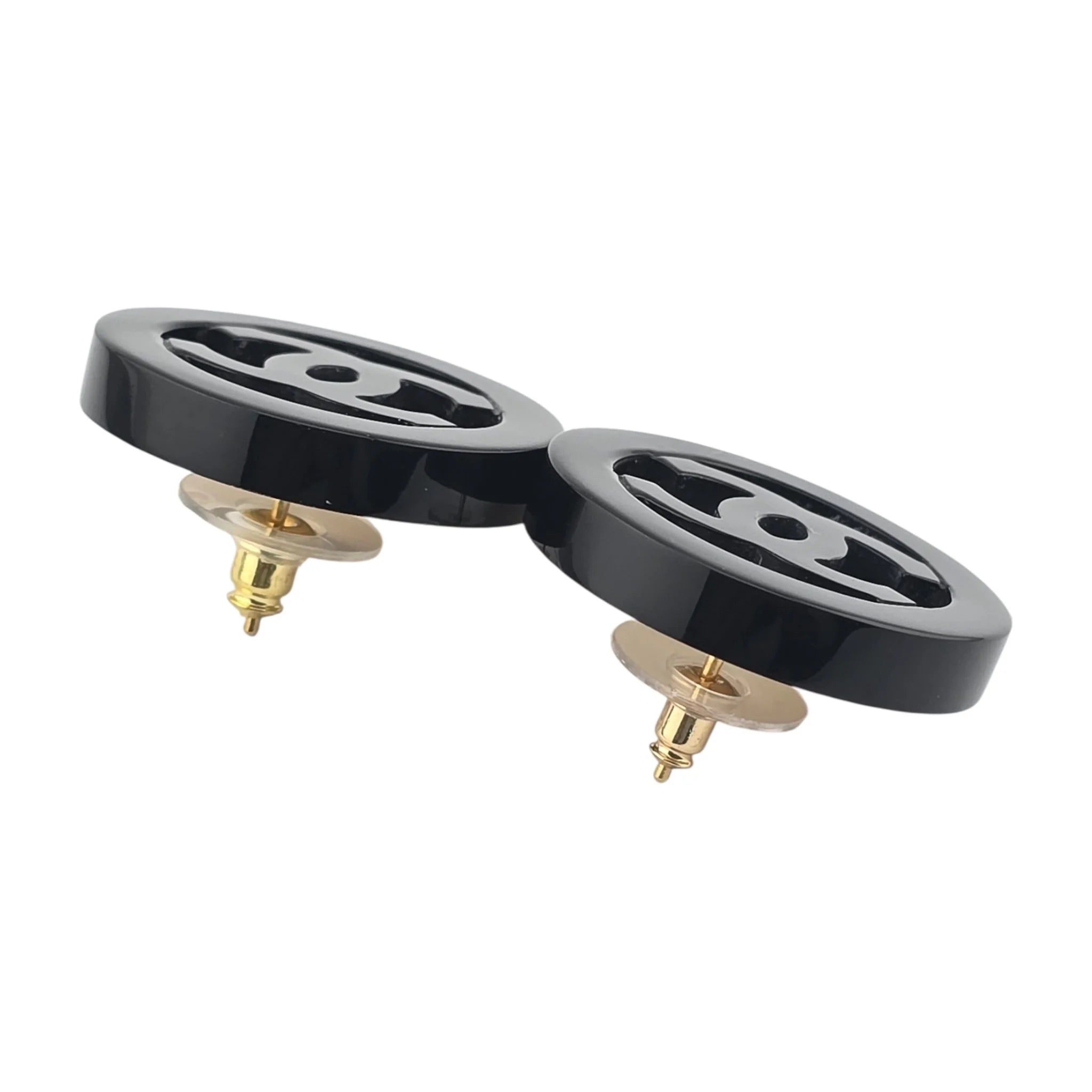 Chanel CC Resin Round Earrings Gold Black 2024 CHANEL