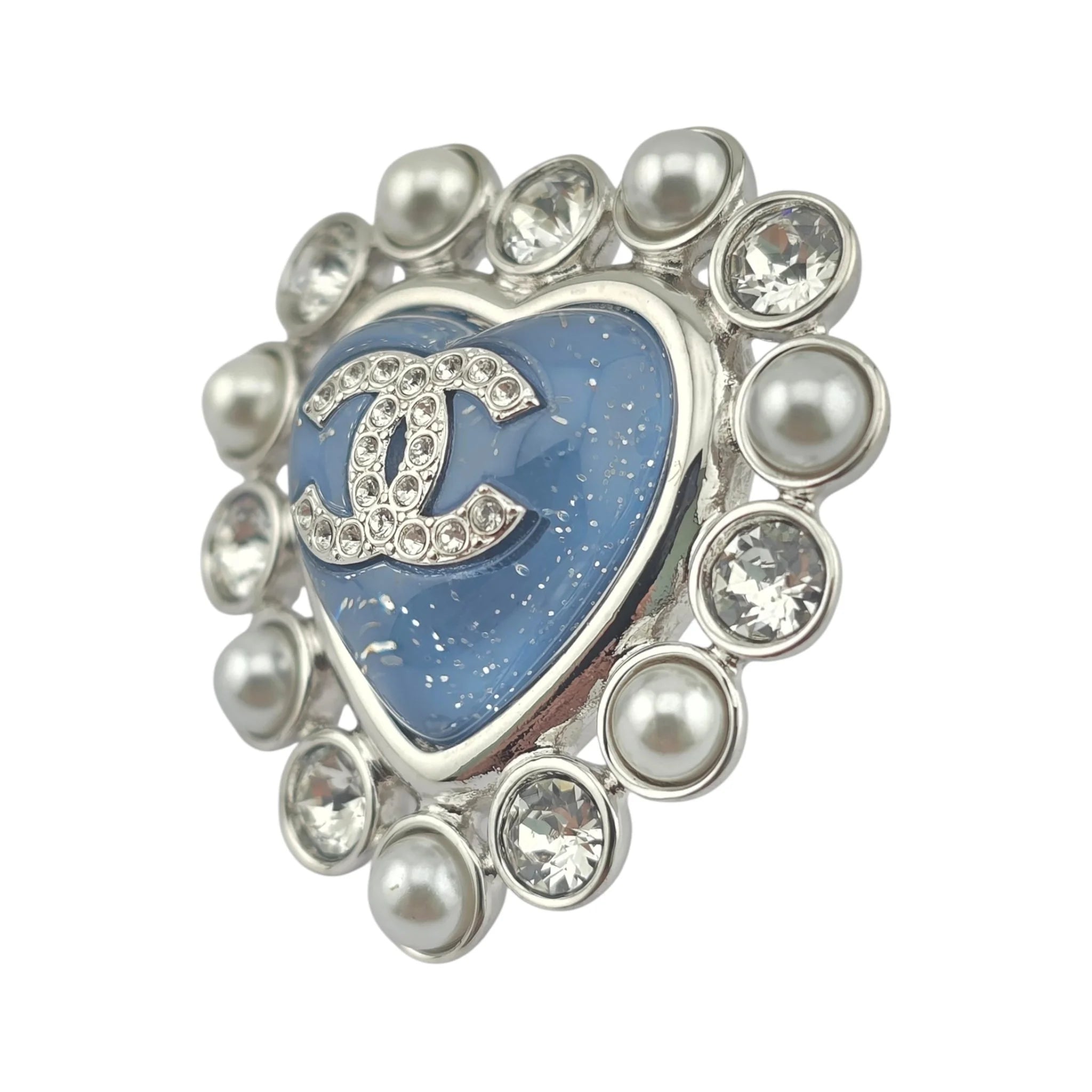 Chanel CC Silver Blue Heart Crystal Faux Pearl Earrings 2025 CHANEL