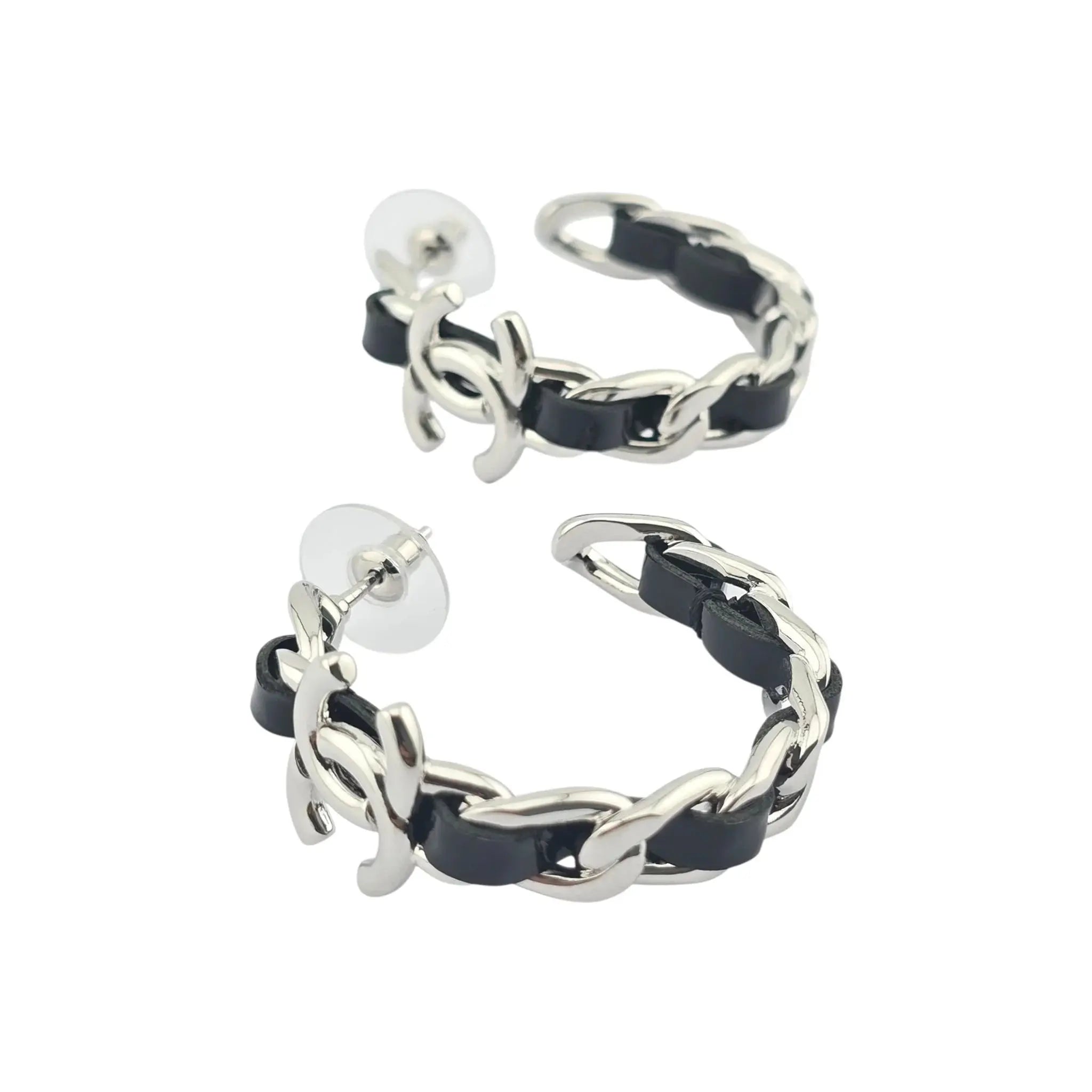 Chanel CC Leather Black Hoop Earrings 2025 CHANEL