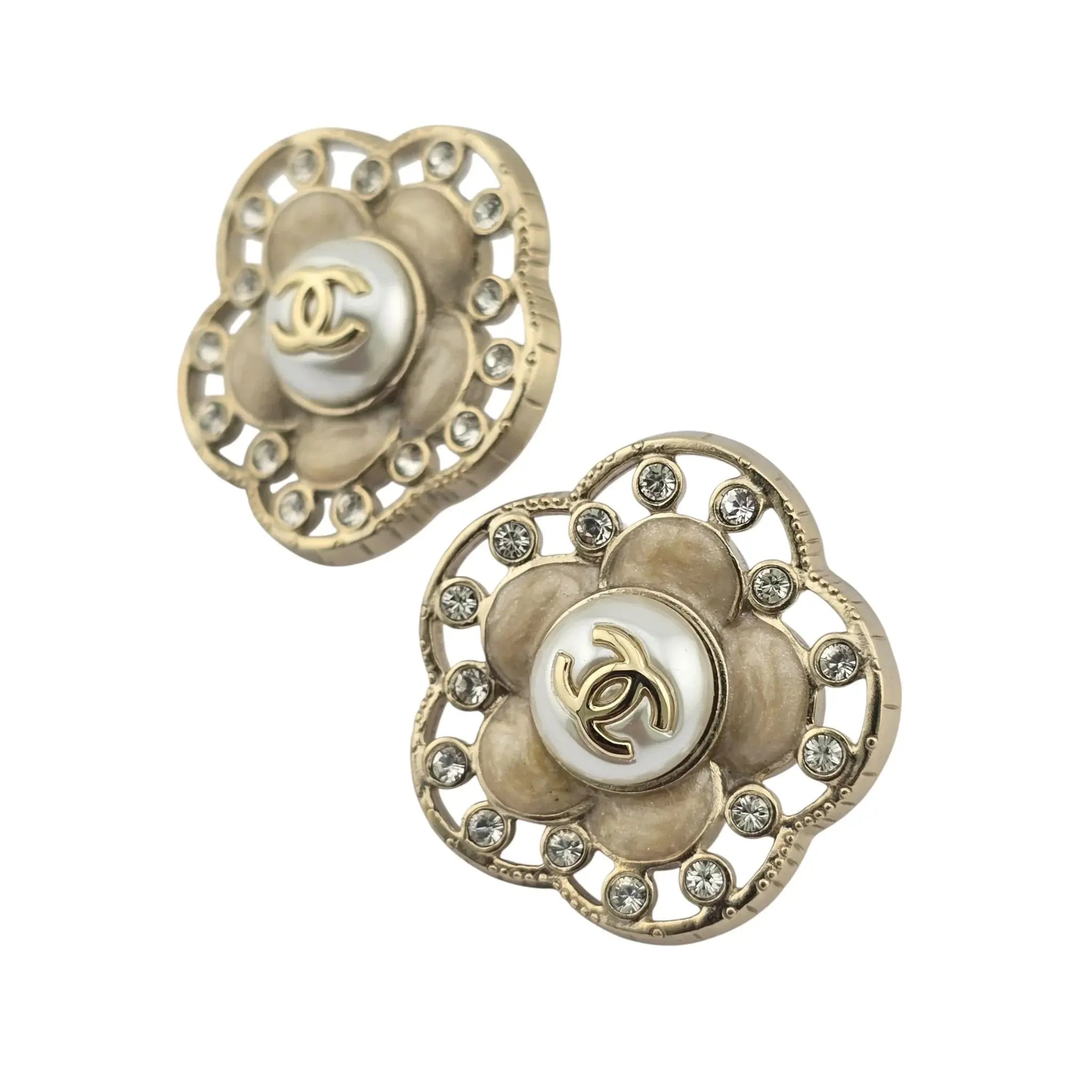Chanel CC Enamel Crystal Pearl Camellia Earrings CHANEL