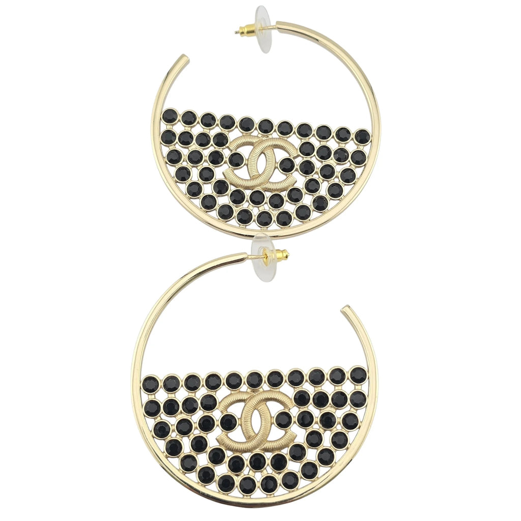 Chanel CC Black Crystal Gold Hoop Earrings SS23 CHANEL