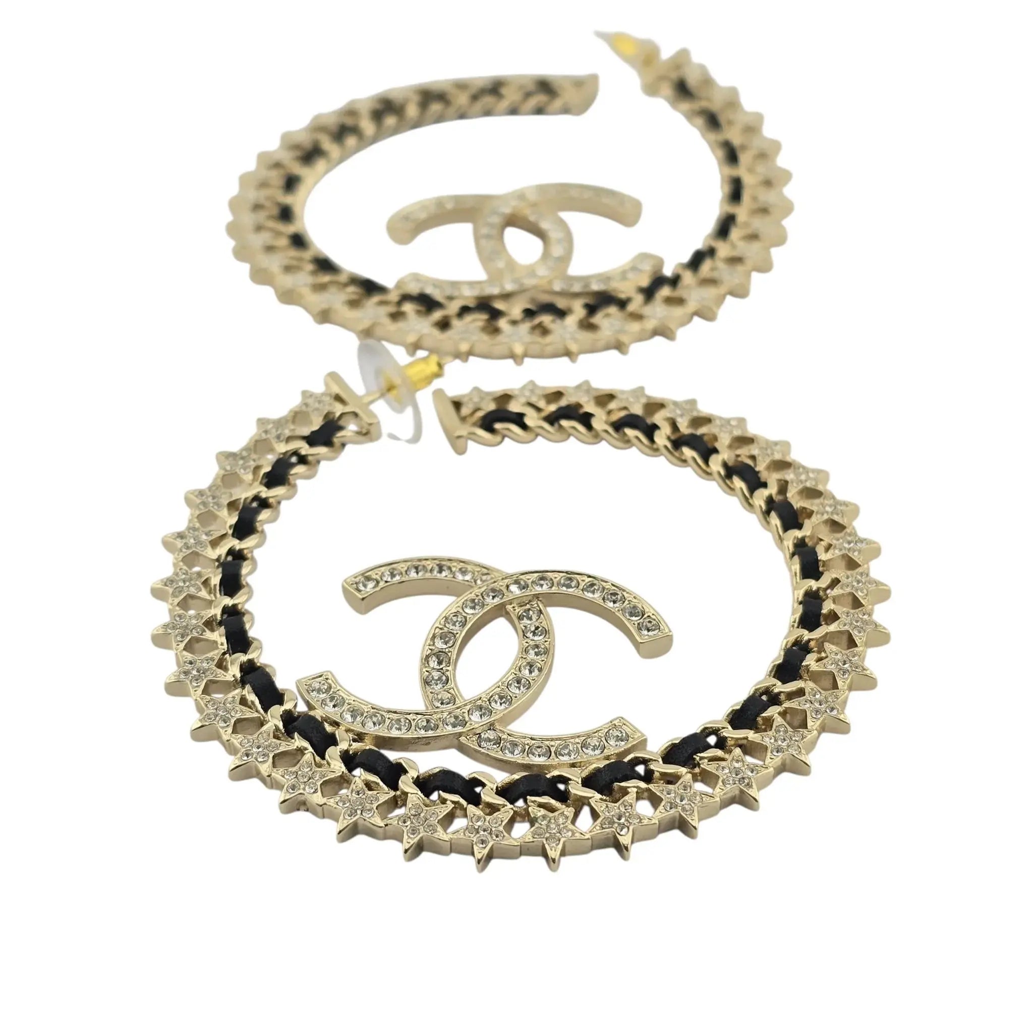 Chanel CC Large Hoop Earrings Crystal/Leather CHANEL