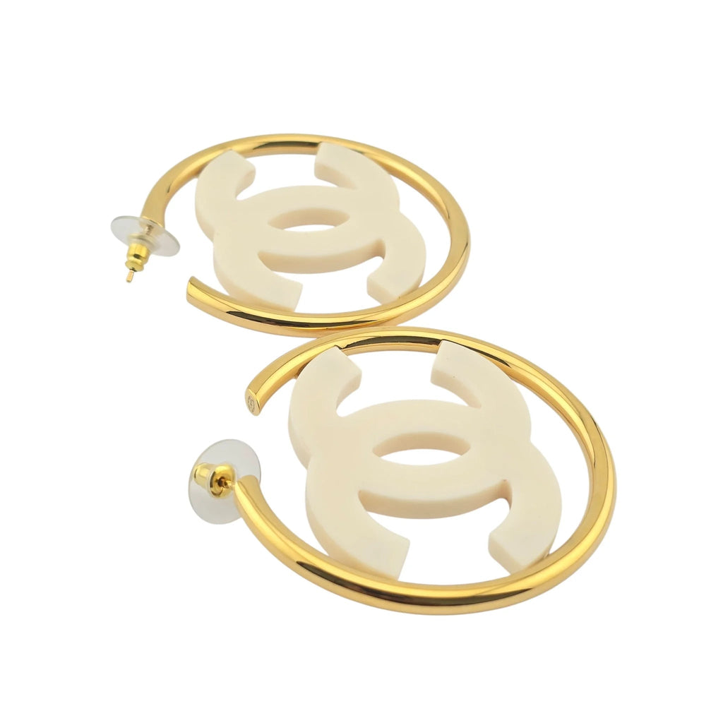 Chanel CC White/Gold Hoop Earrings B24 CHANEL