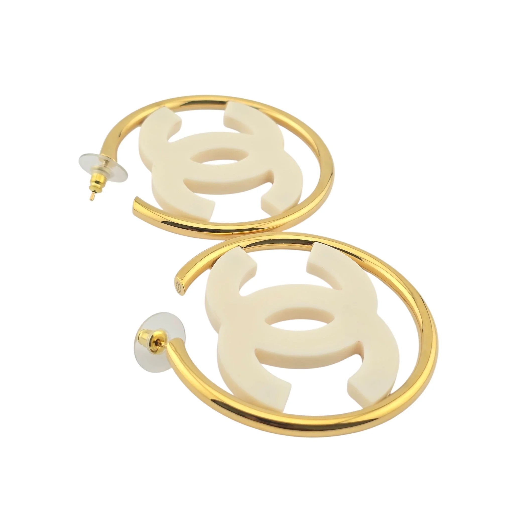Chanel CC White/Gold Hoop Earrings B24 CHANEL