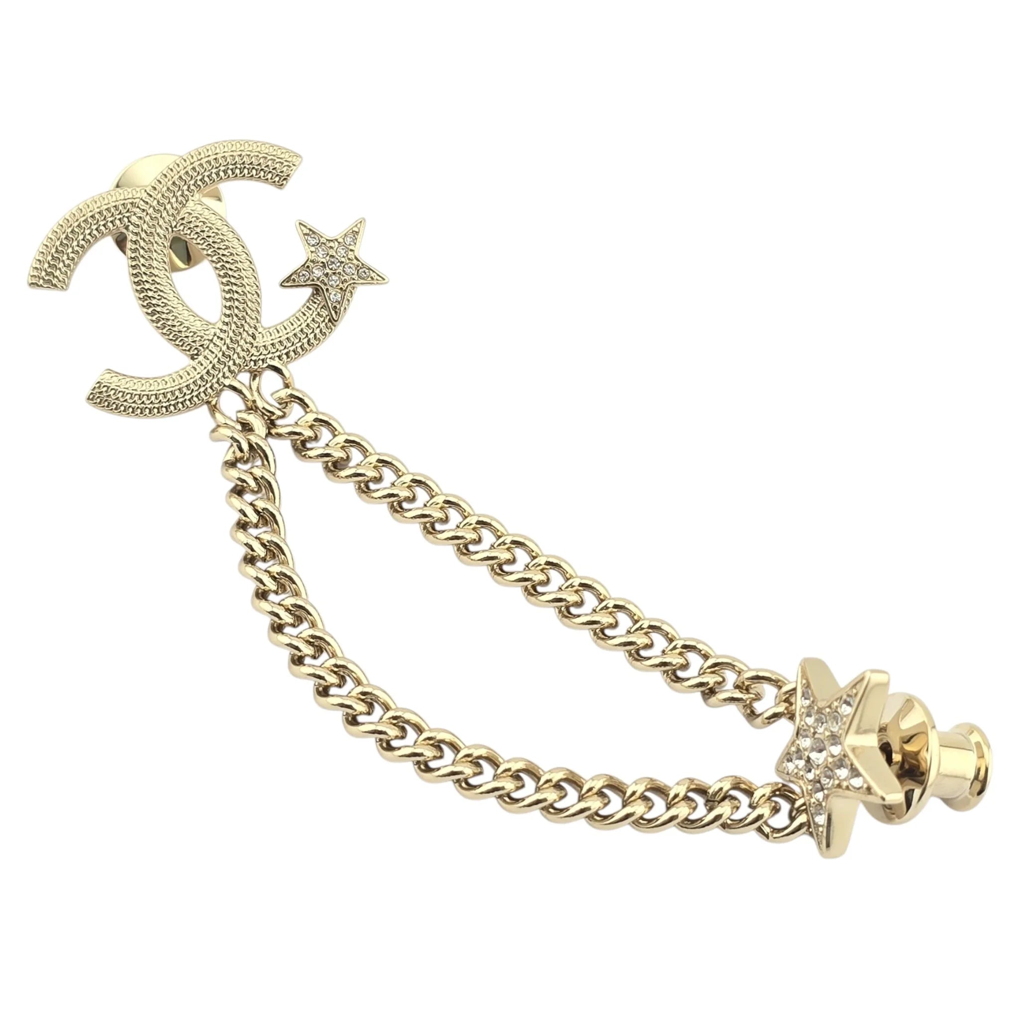 Chanel CC Crystal Chain Star Brooch Gold CHANEL