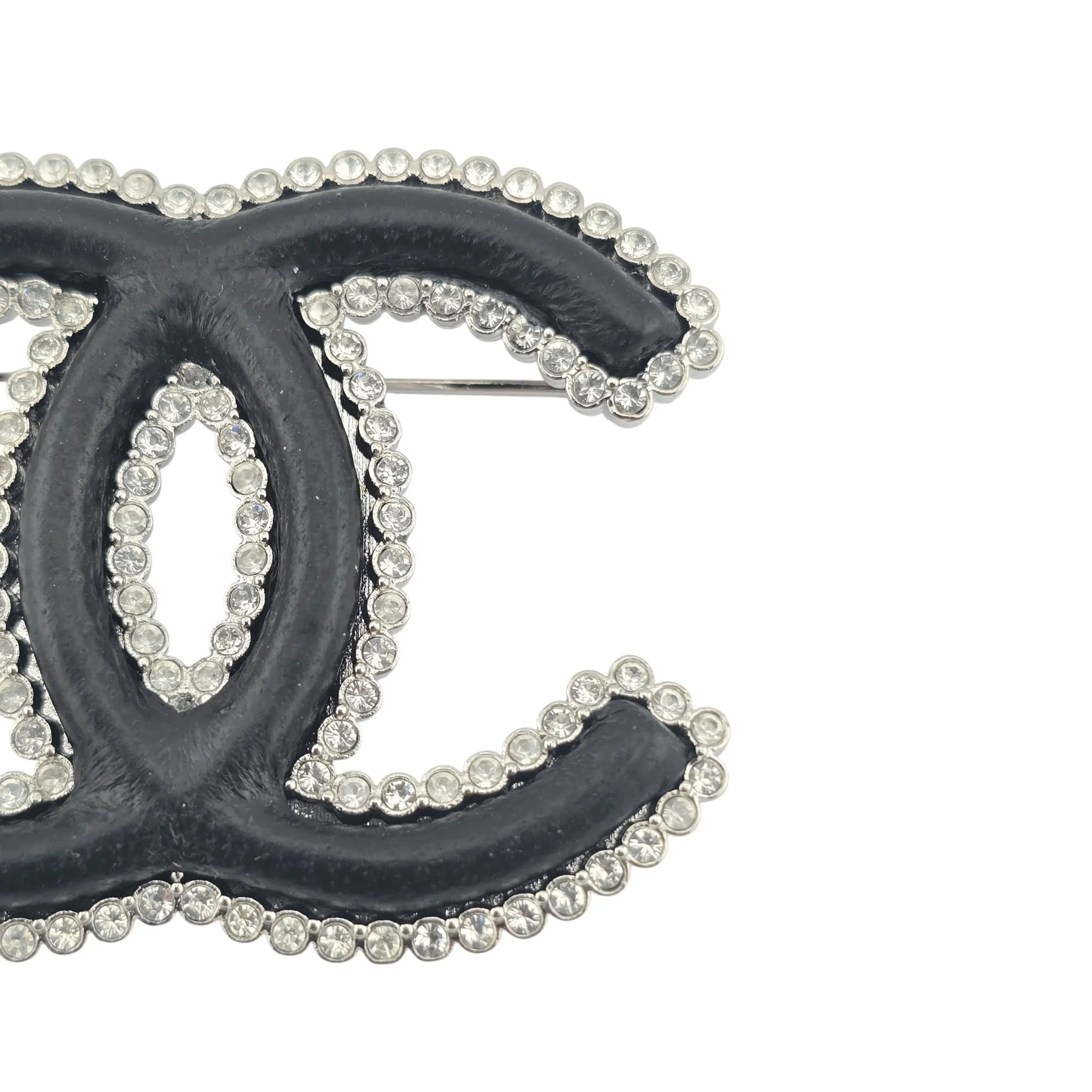 Chanel CC Crystal Leather Silver Tone Pin Brooch 2022 CHANEL