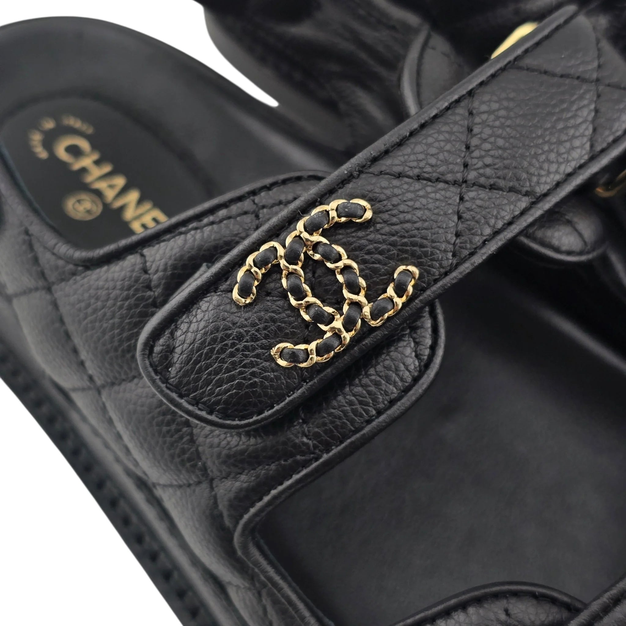 Chanel CC Quilted Caviar Leather Black Dad Sandals CHANEL