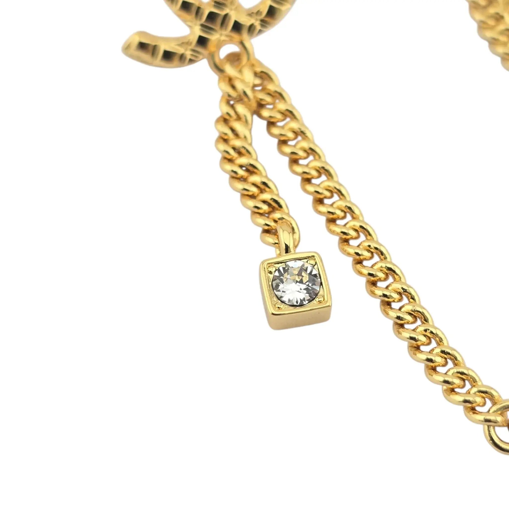 Chanel CC Crystal Pearl Quilted Chain Drop Earrings Gold CHANEL