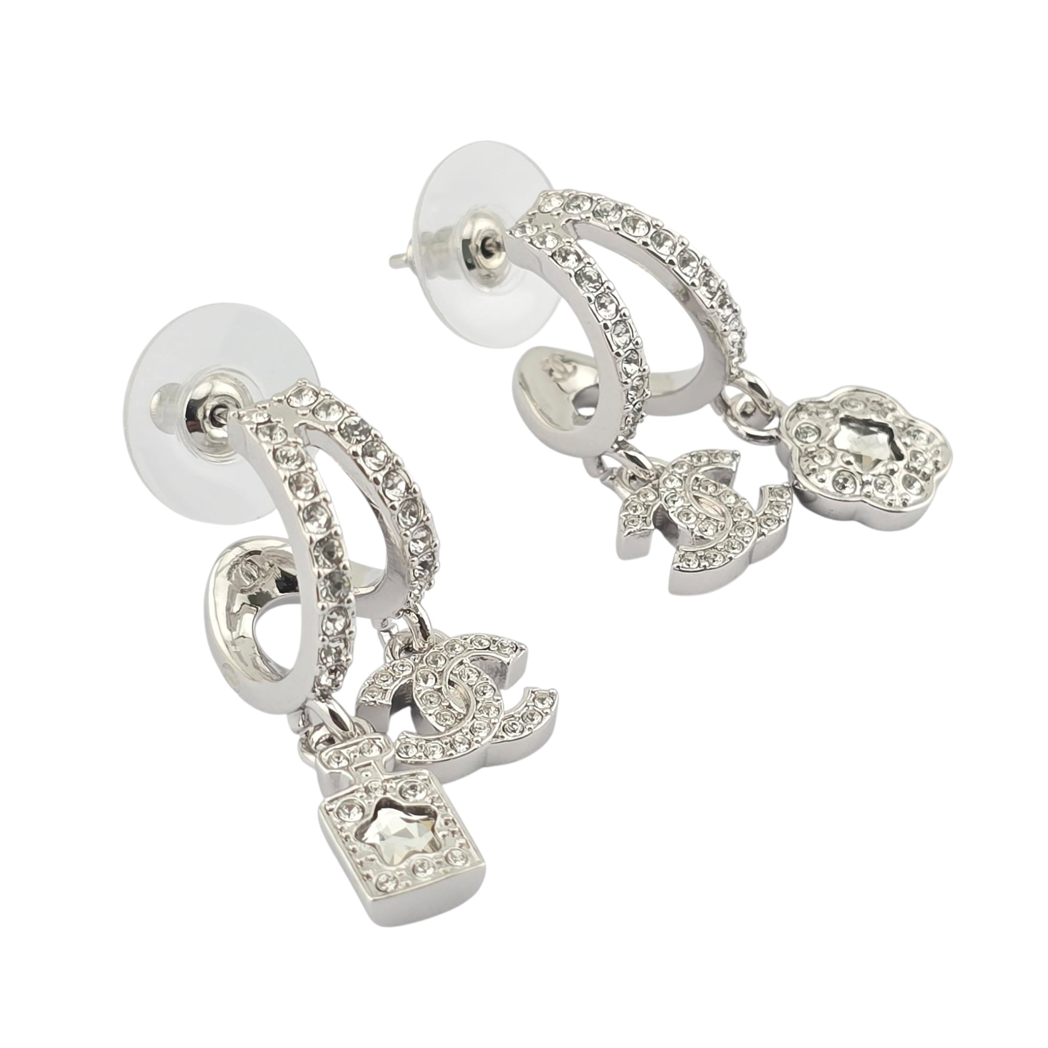Chanel CC Silver Crystal Hoop Pendant Earrings 2025 CHANEL