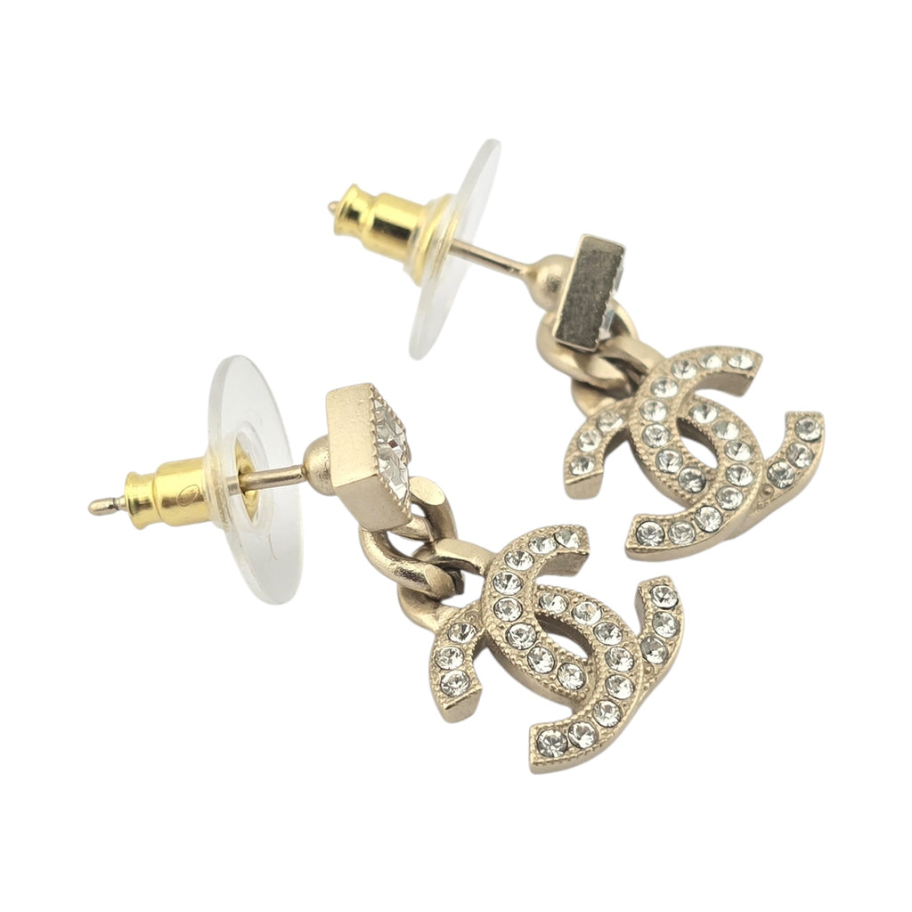 Chanel CC Metal Crystal Baguette Chain Drop Earrings Gold CHANEL