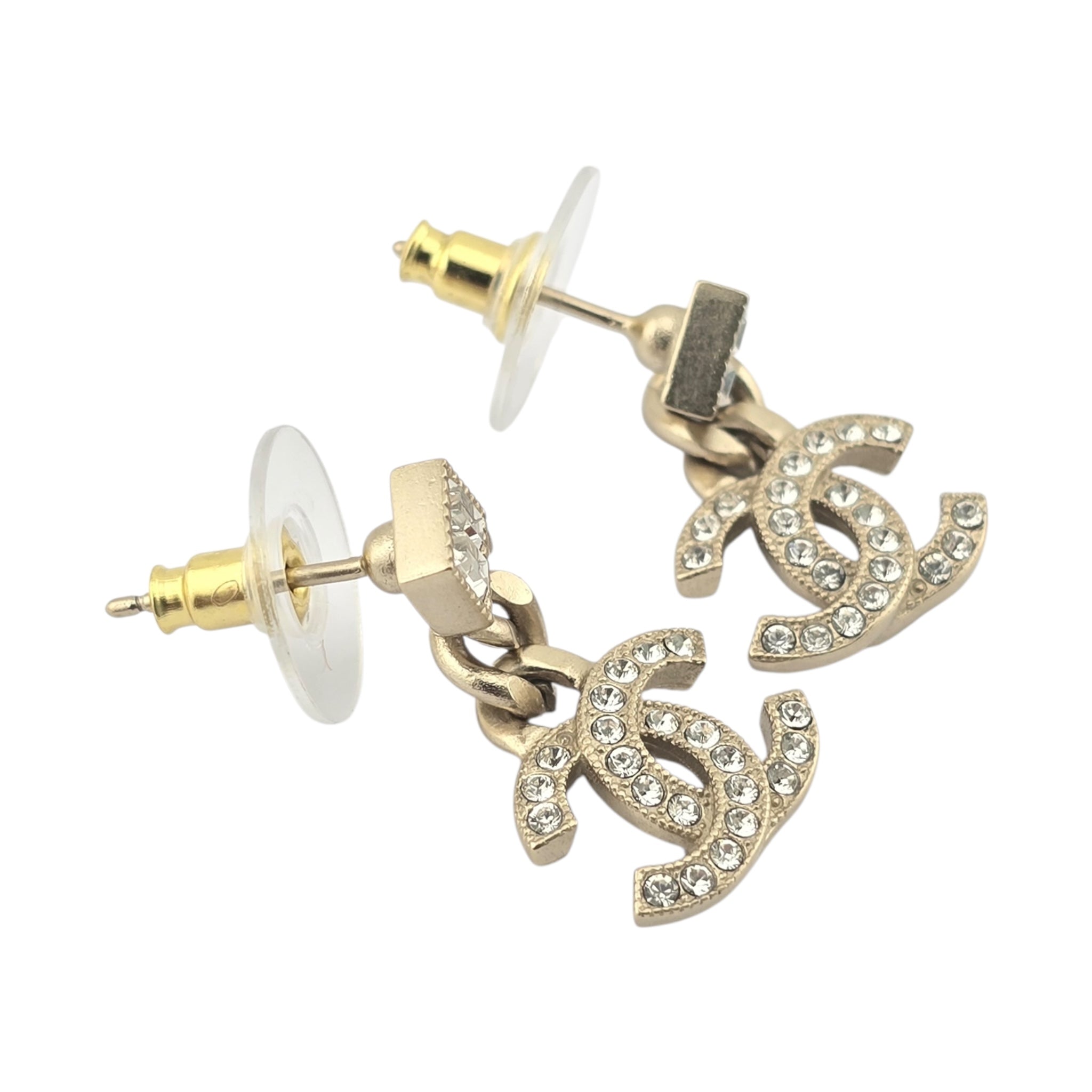 Chanel CC Metal Crystal Baguette Chain Drop Earrings Gold CHANEL