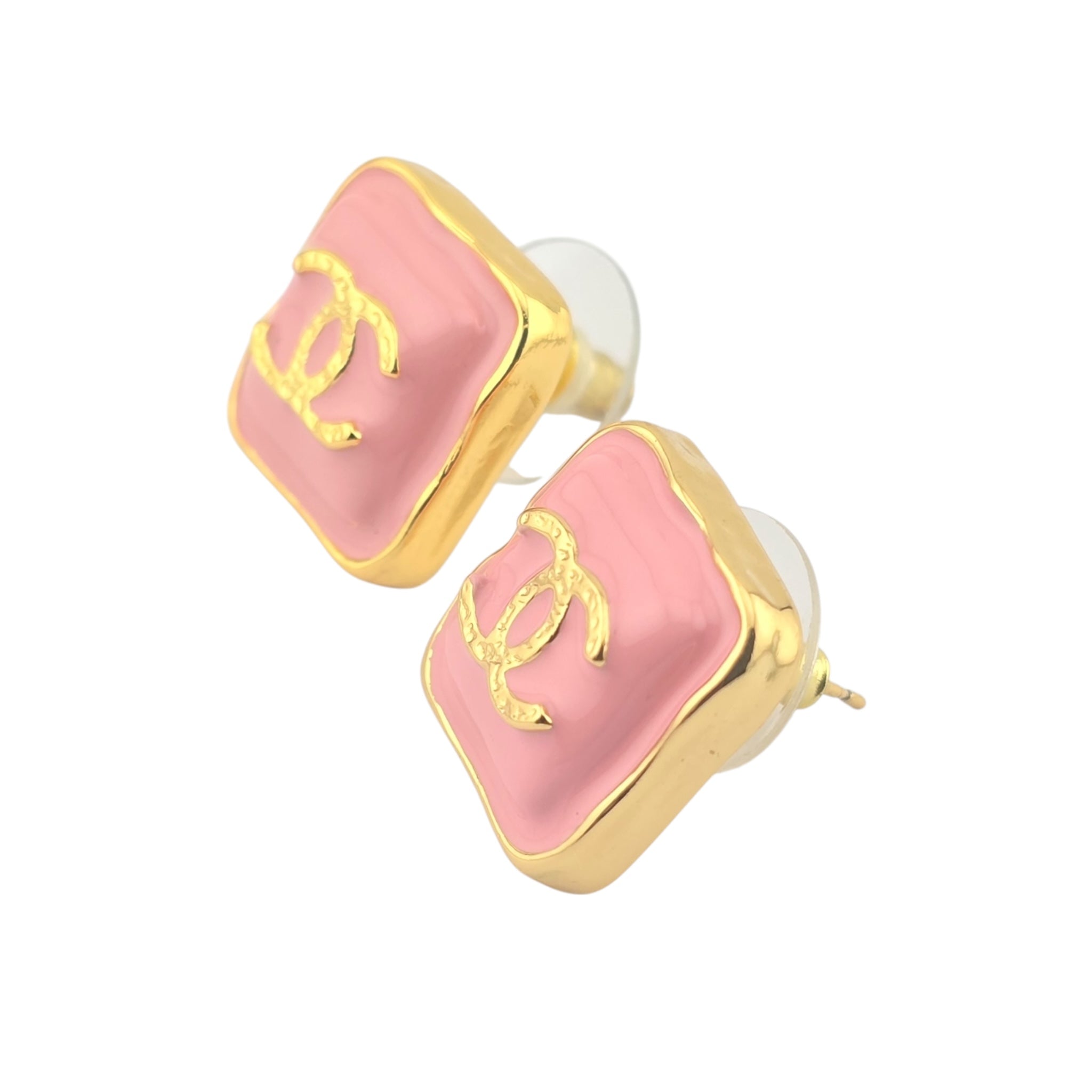Chanel CC Resin Pink Gold Square Earring 2023 CHANEL