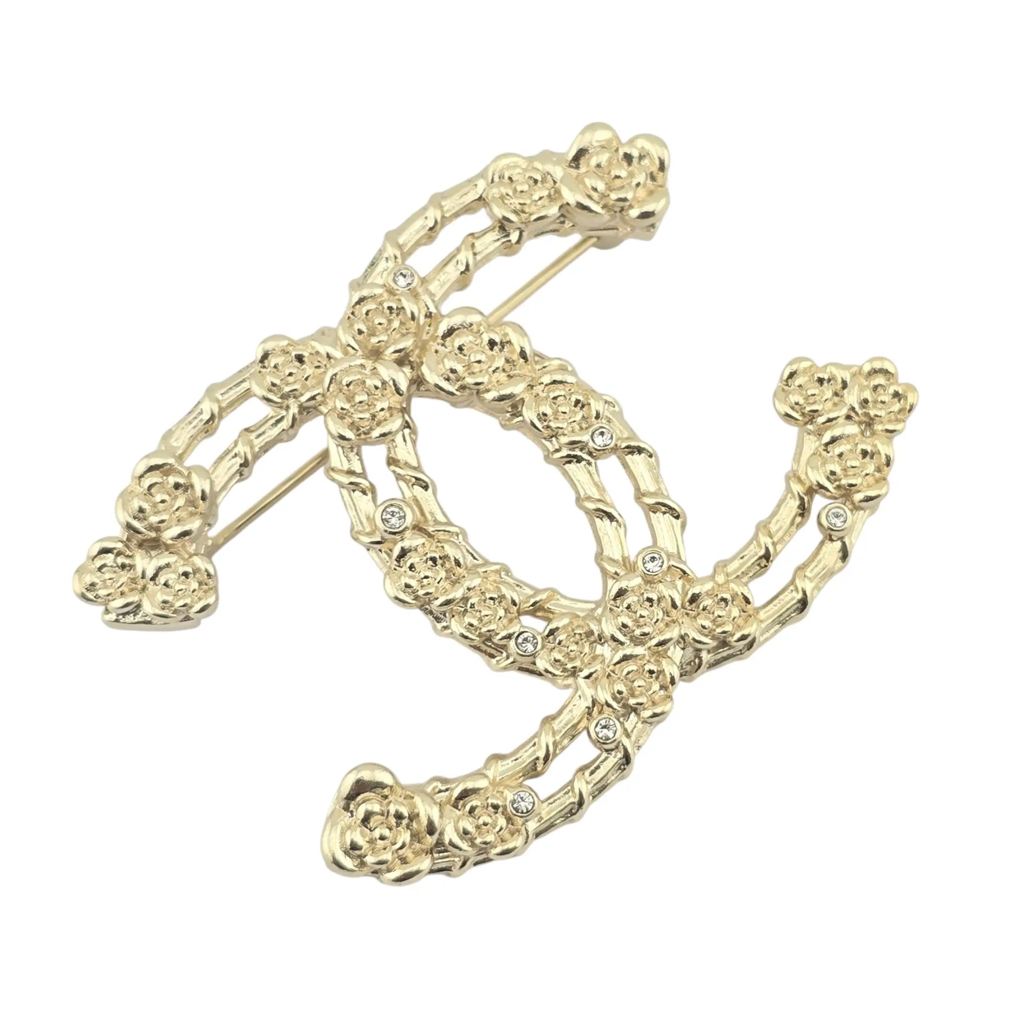 Chanel CC Metal Crystal Camellia Brooch Light Gold CHANEL