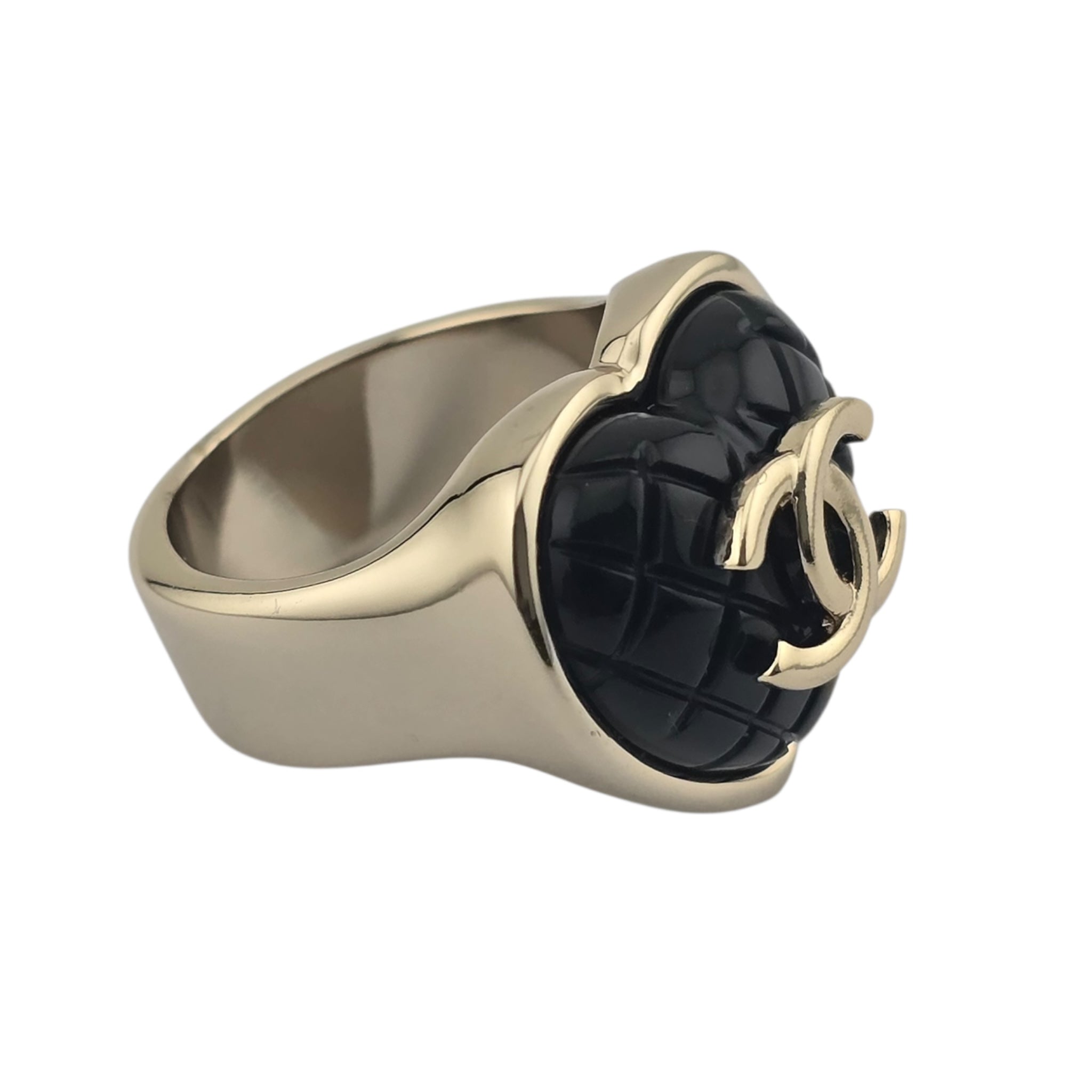 Chanel CC Resin Quilted Heart Ring Gold Black CHANEL