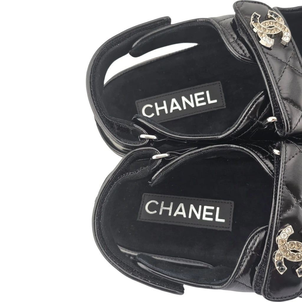 Chanel CC Dad Black Crystal Quilt Sandals 39 CHANEL
