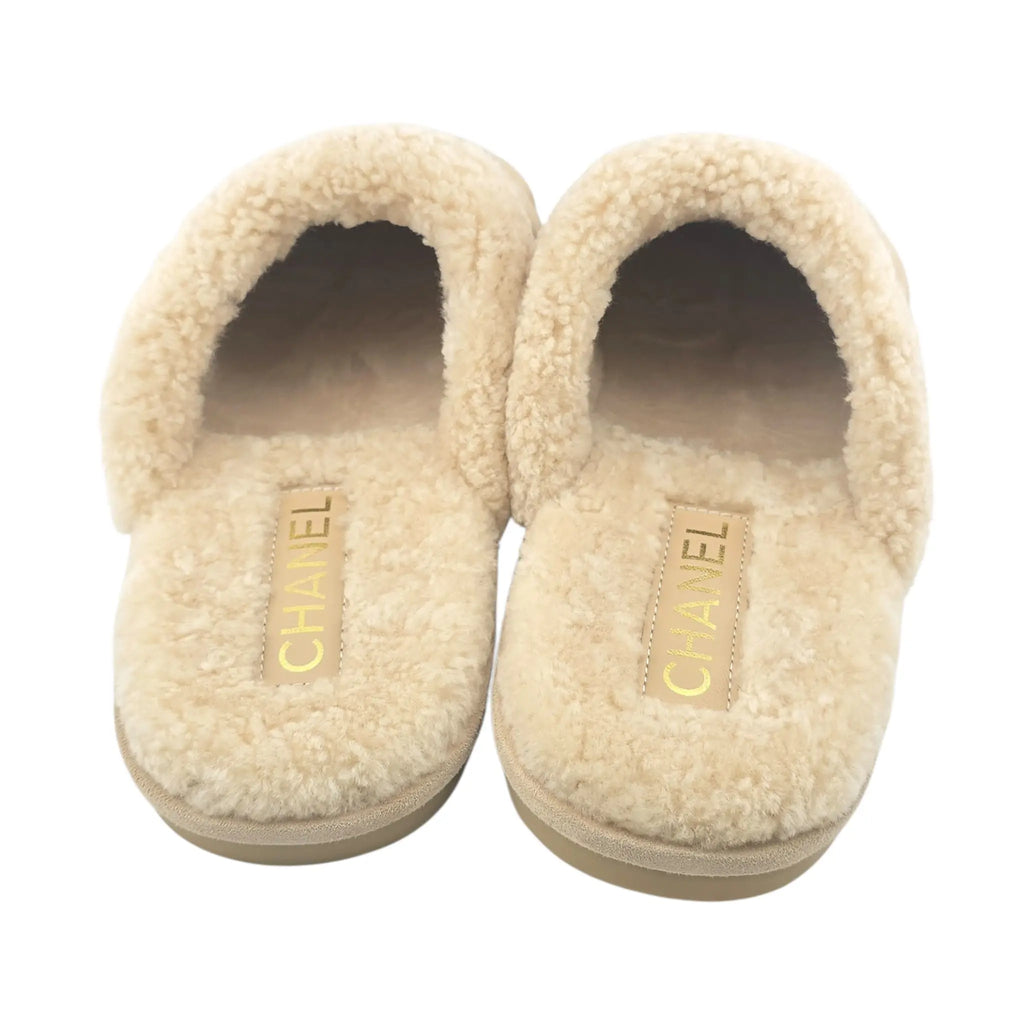 Chanel CC Suede Shearling Mule Slippers 39 UK6 CHANEL