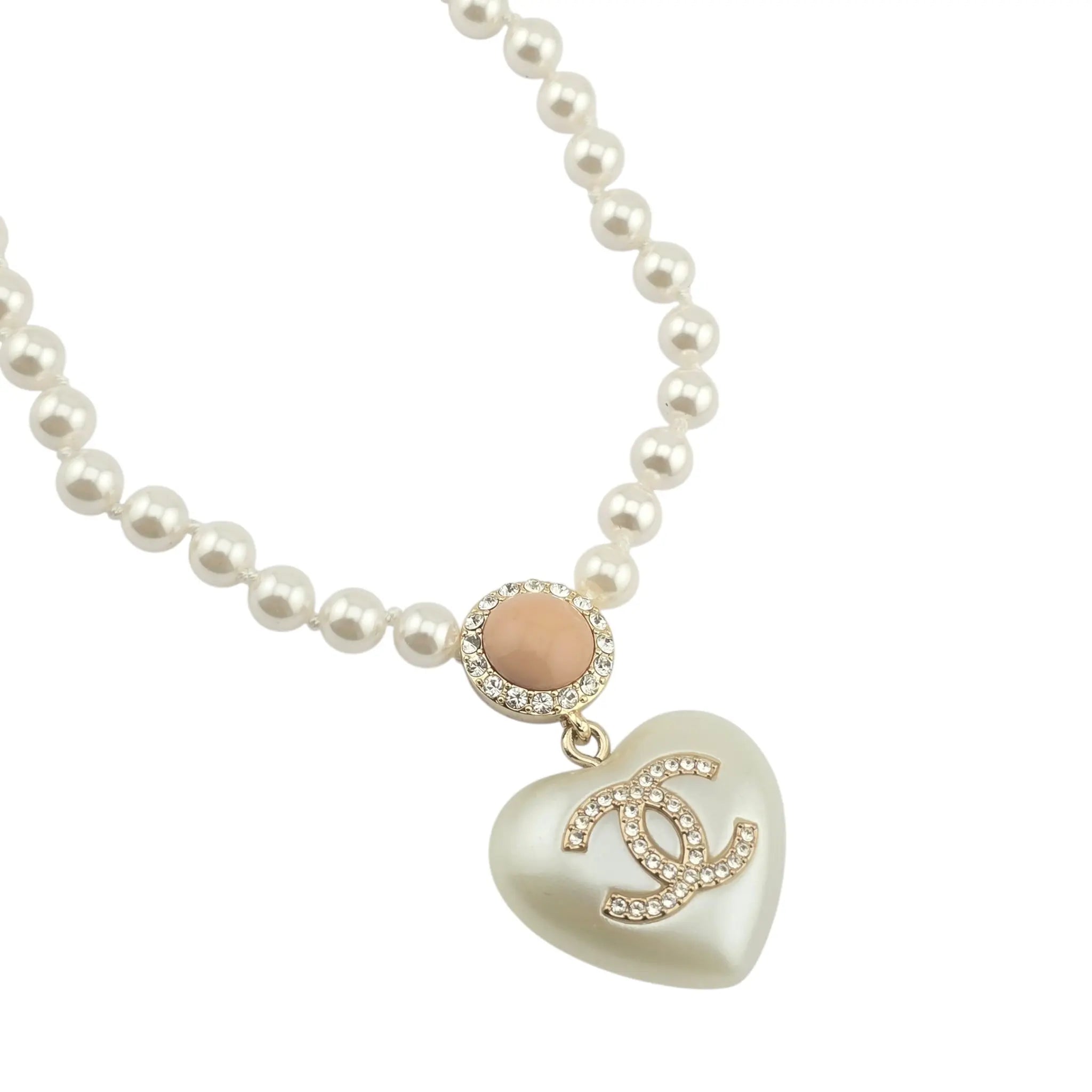 Chanel CC Pearl Crystal Heart Gold Short Necklace 2021 CHANEL