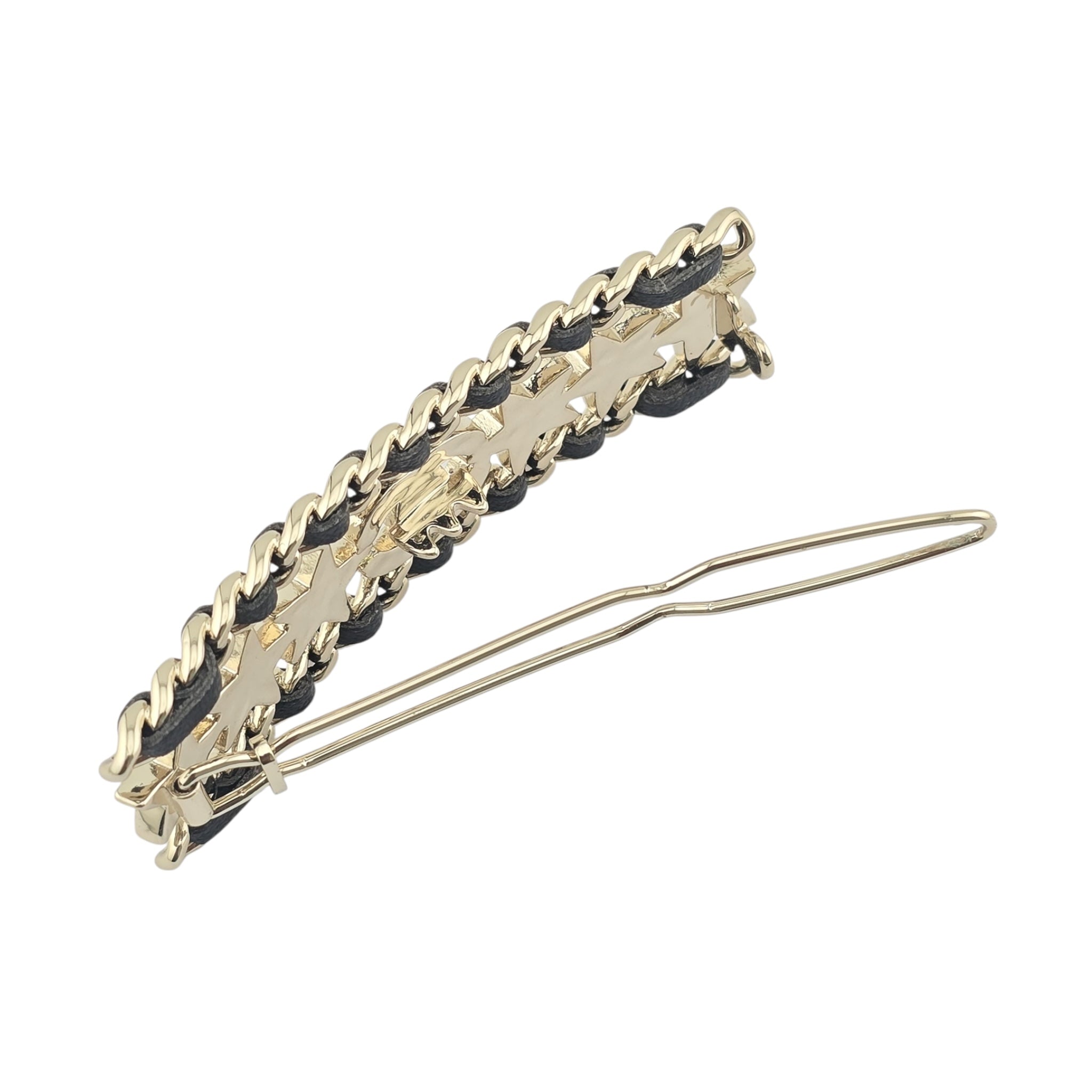 Chanel CC Black Leather Crystal Hair Barrette Clip B23