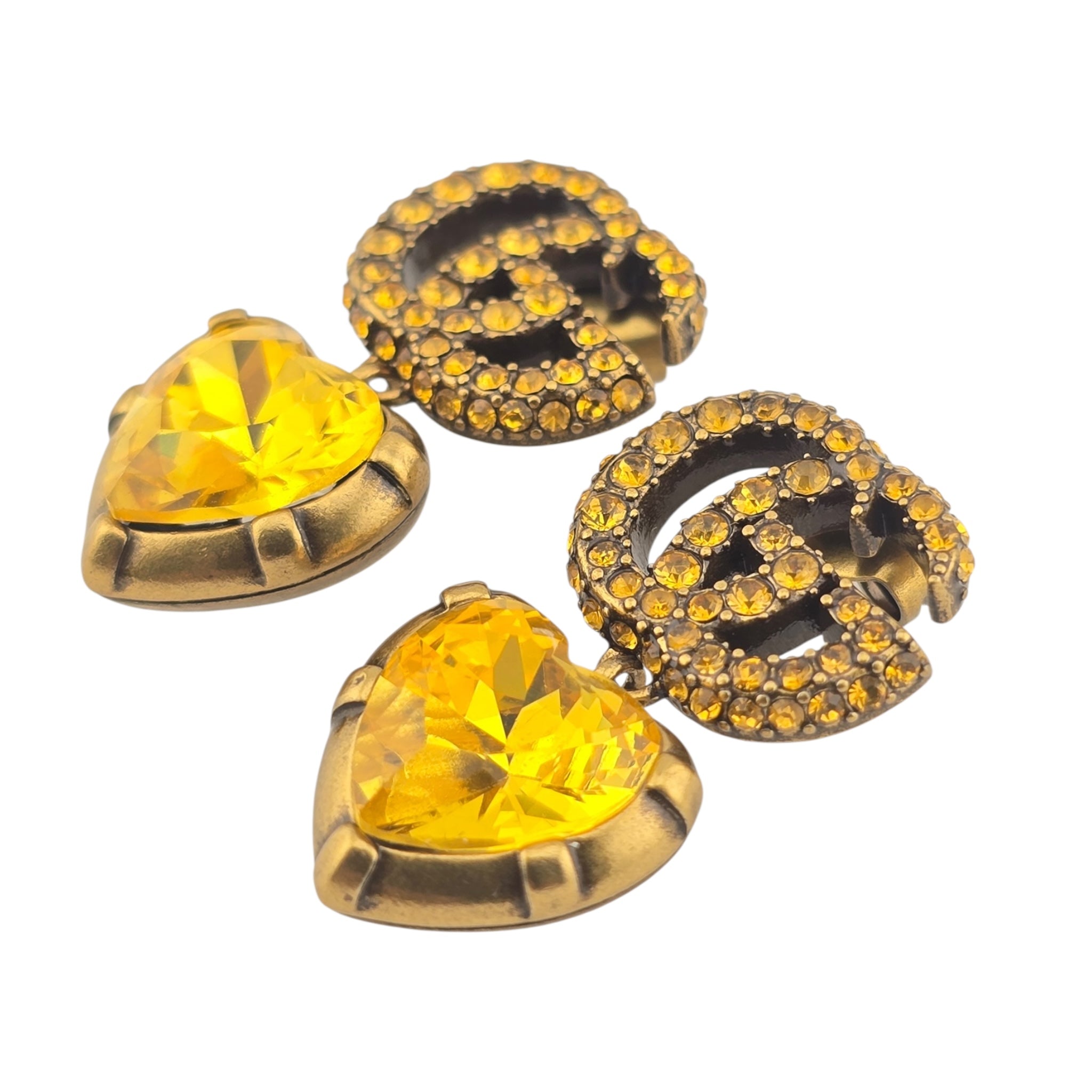 GUCCI GG Yellow Heart Crystal Drop Earrings