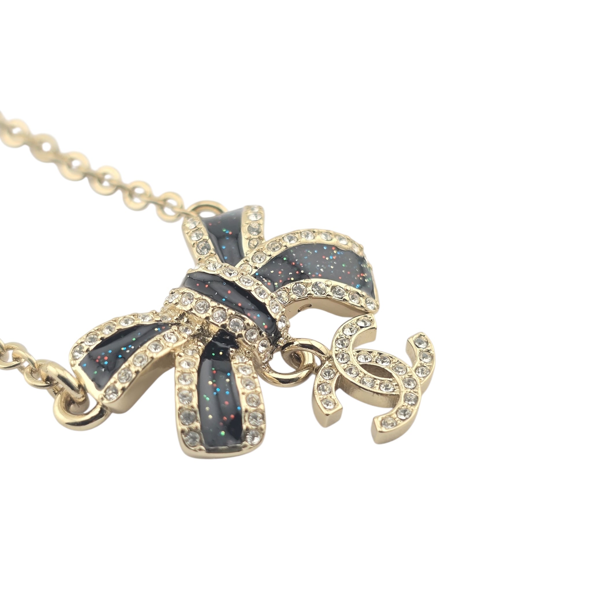 Chanel CC Gold Crystal Enamel Bow Necklace 2025