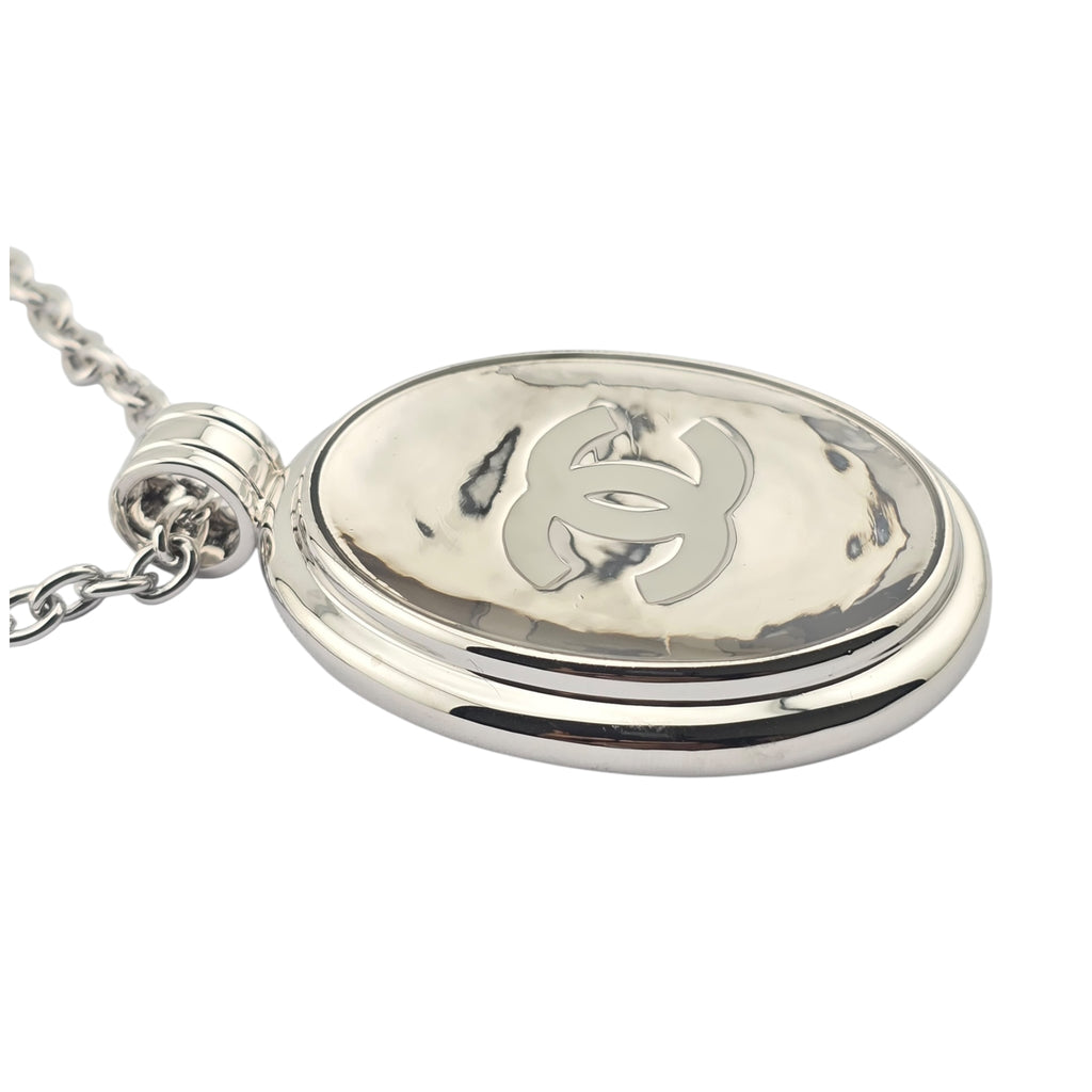 Chanel CC Silver Oval Pendant Necklace 2025