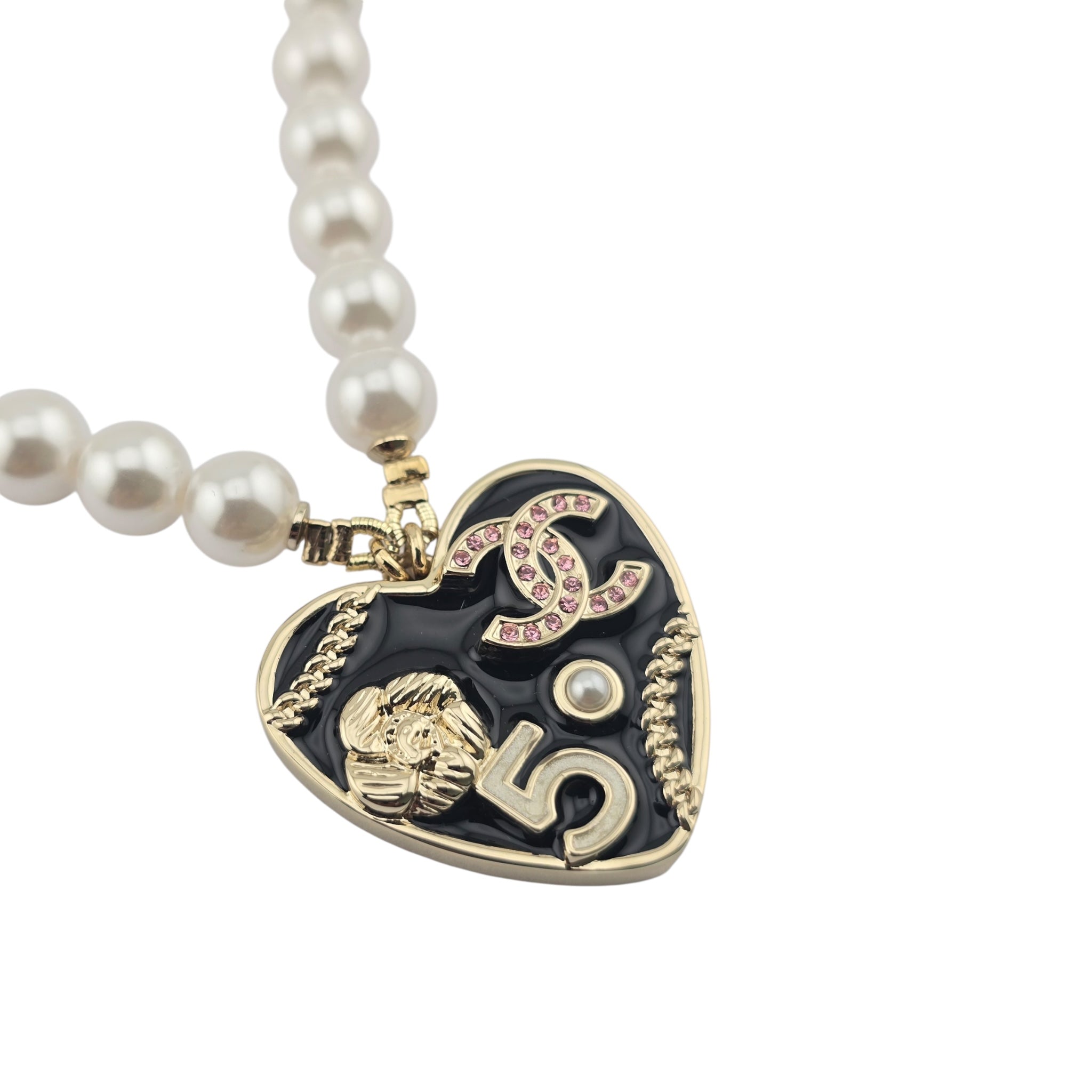 Chanel CC Black Enamel Heart Necklace 2024