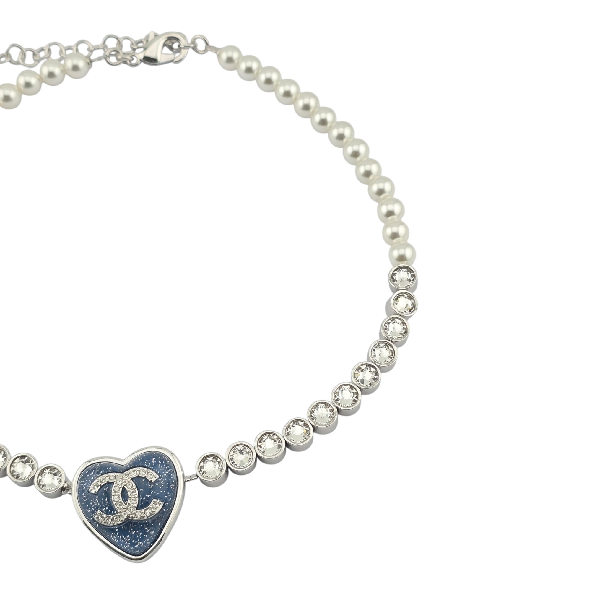 Chanel CC Faux Pearl Crystal Blue Heart Necklace 2025