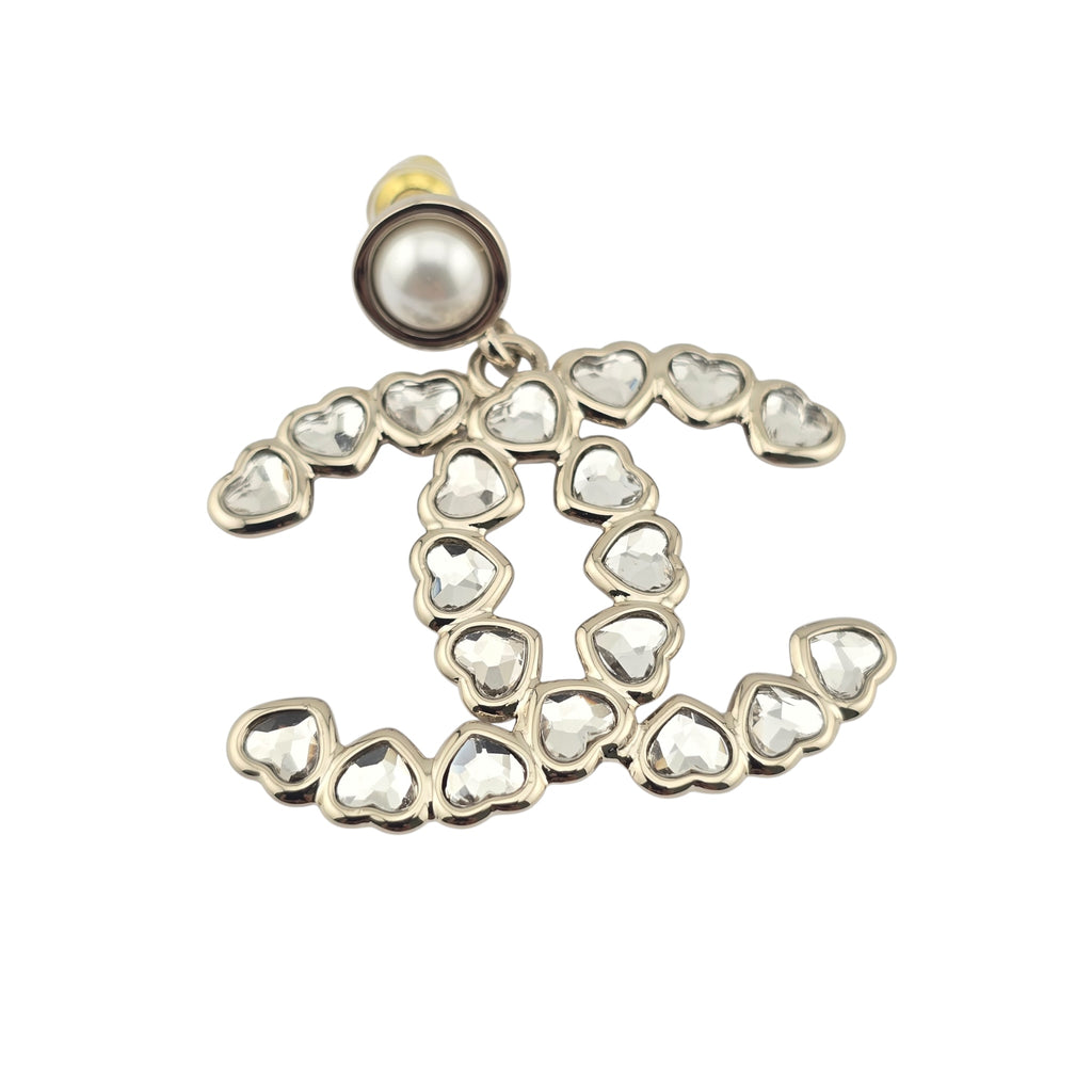 Chanel CC Pearl Crystal Heart Drop Earrings Gold 2025