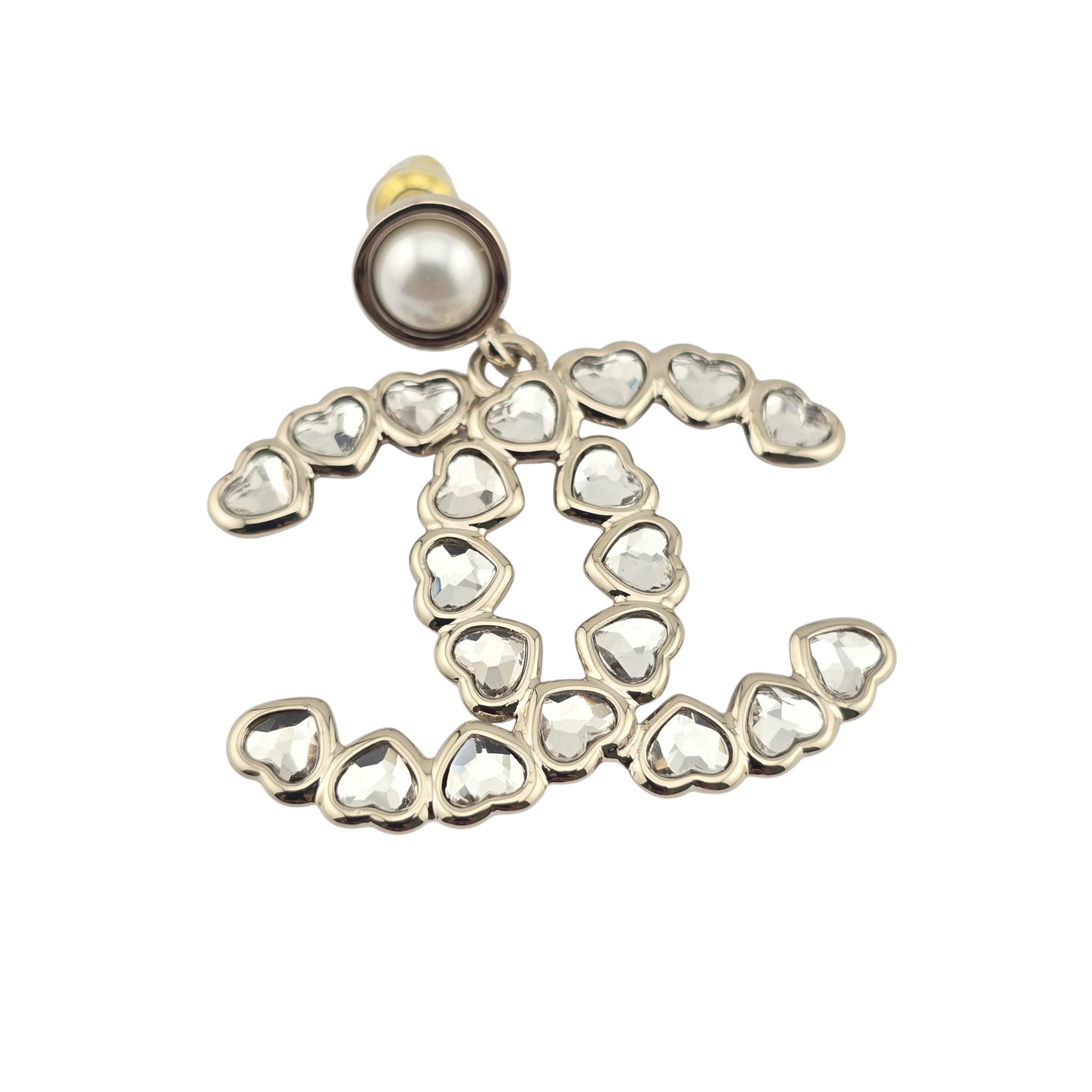 Chanel CC Pearl Crystal Heart Drop Earrings Gold 2025