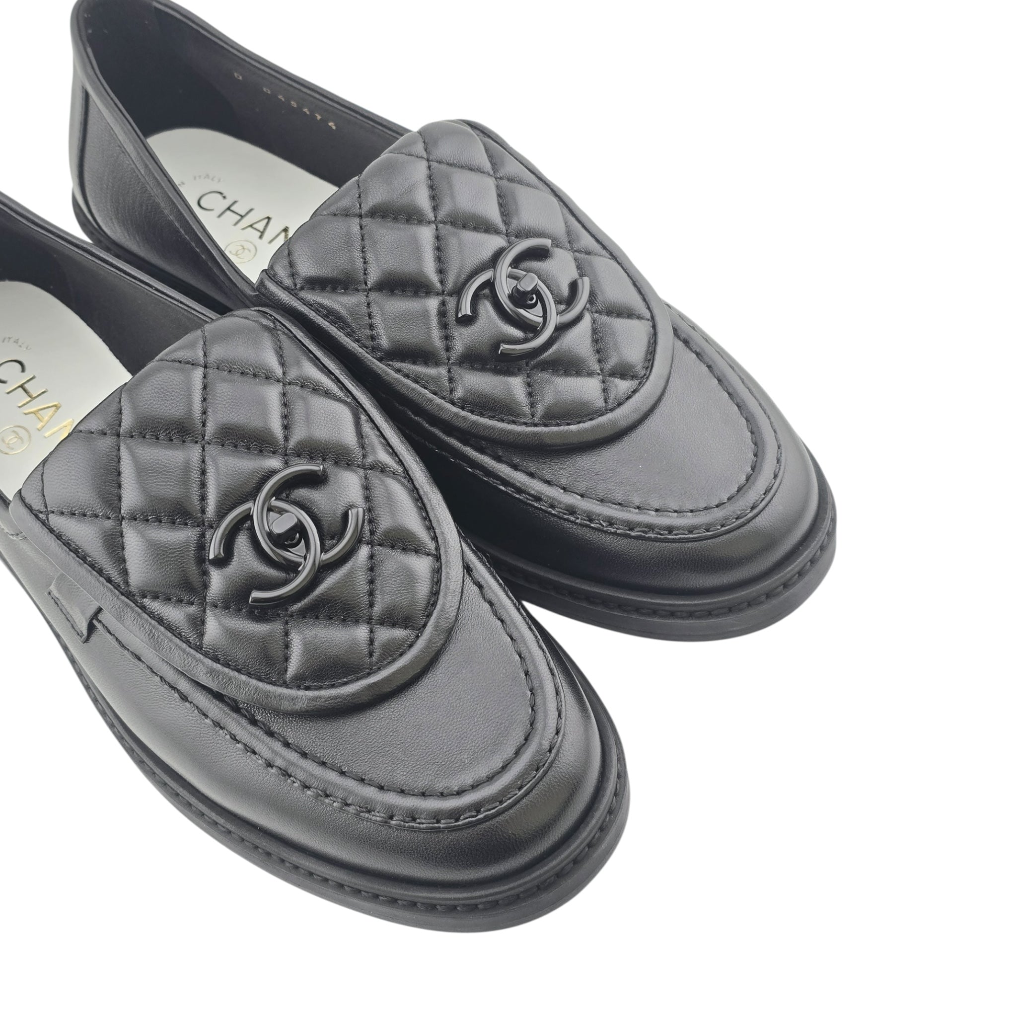 Chanel CC Lambskin Quilted Turnlock Loafers Black 39