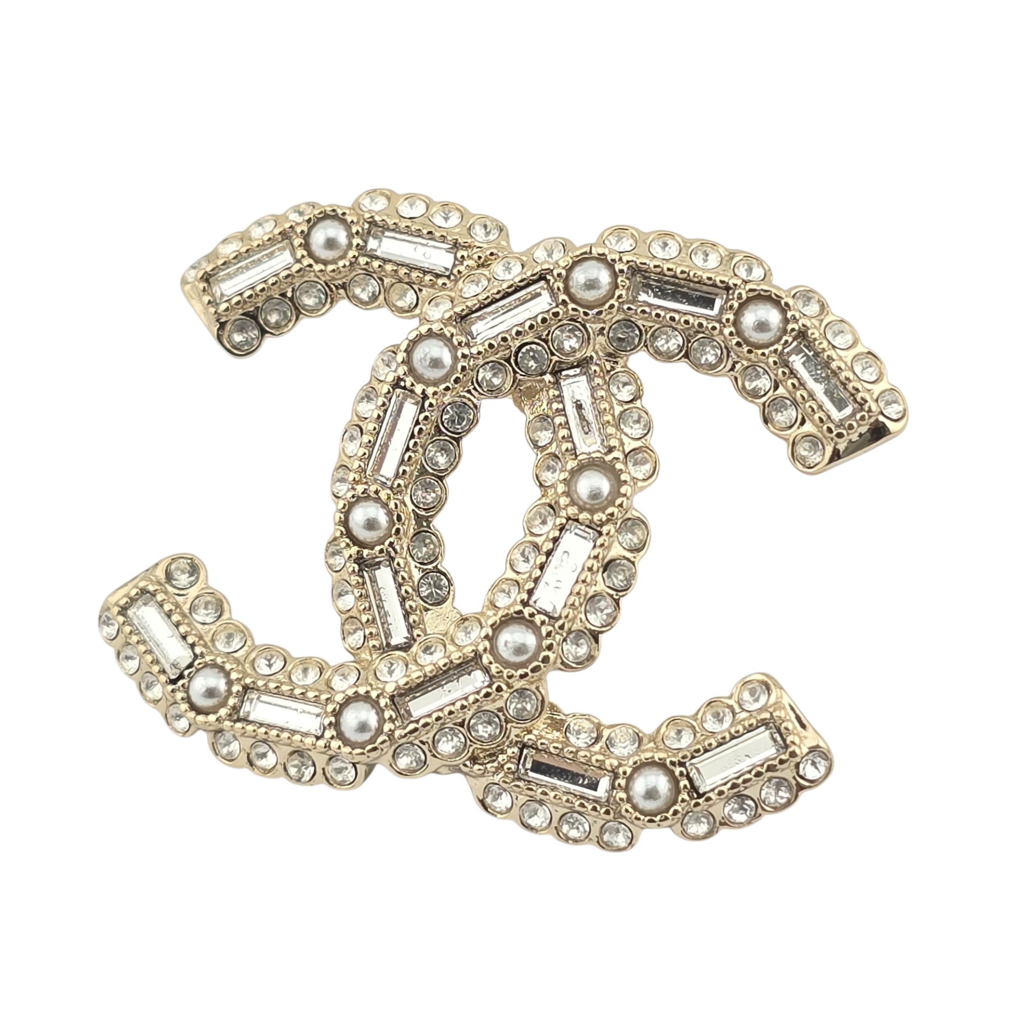 Crystal Baguette Pearl CC Earrings Gold Pearly White