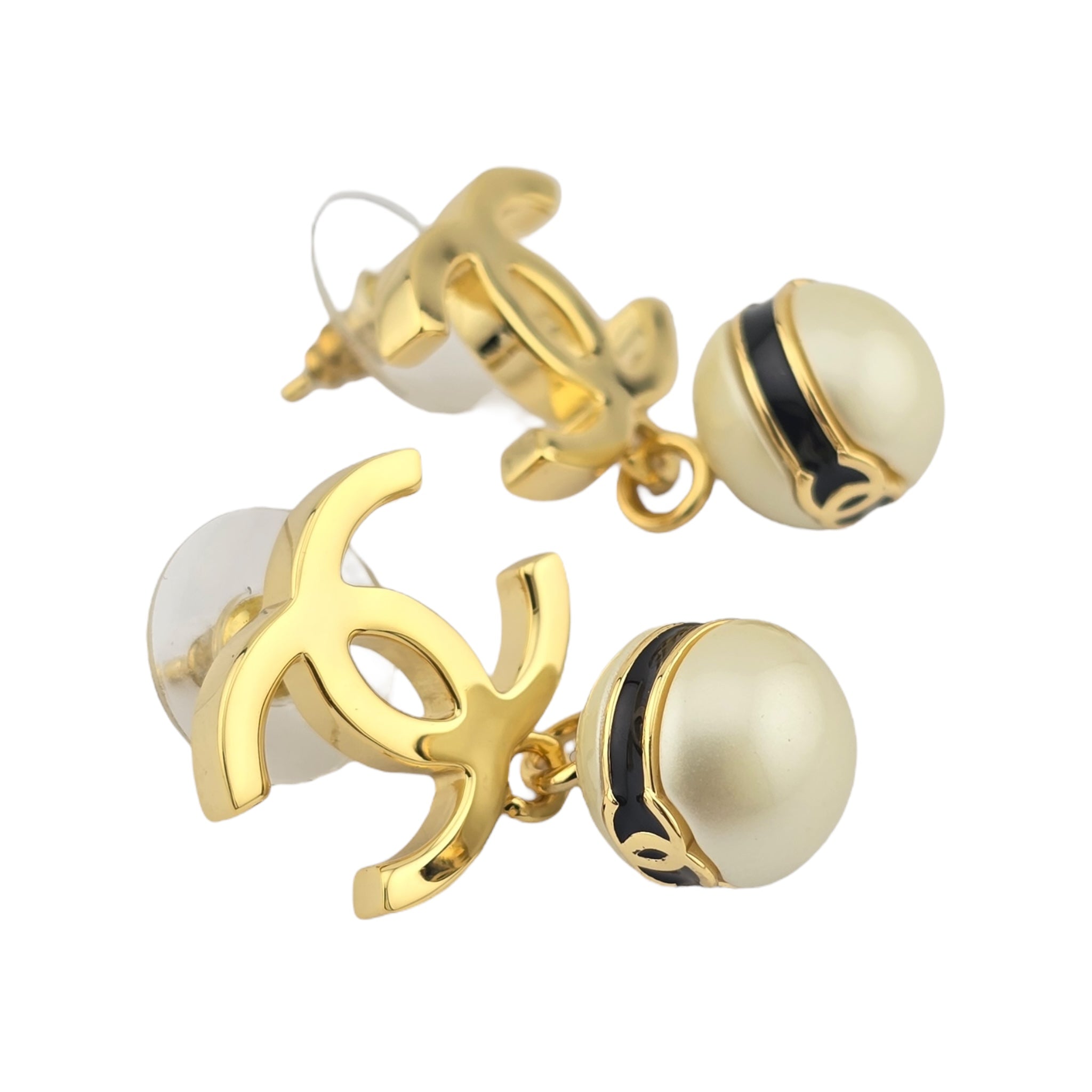 Chanel CC Pearl Drop Earrings Gold Black 2024