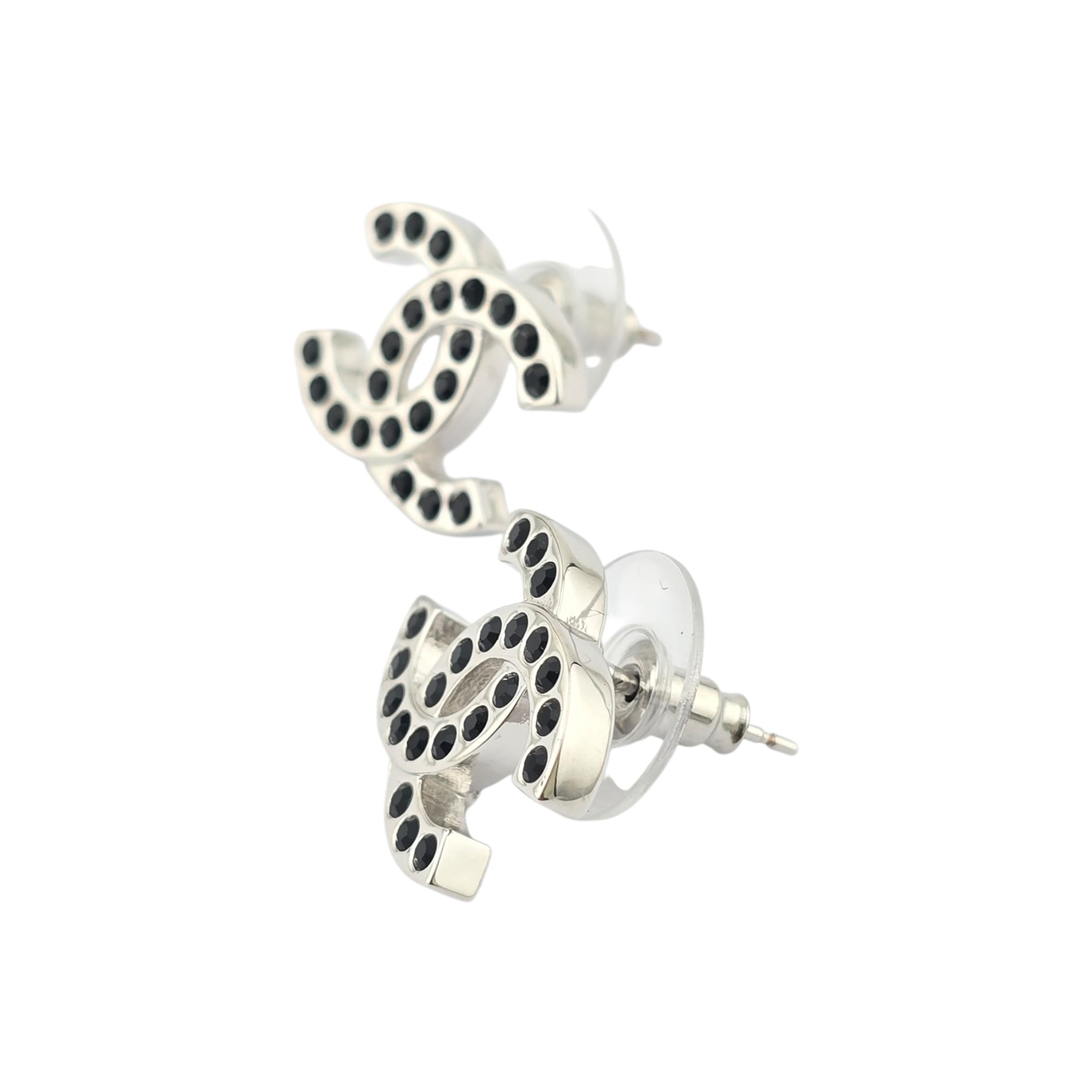 Chanel CC Silver Black Crystal Stud Earrings 2025