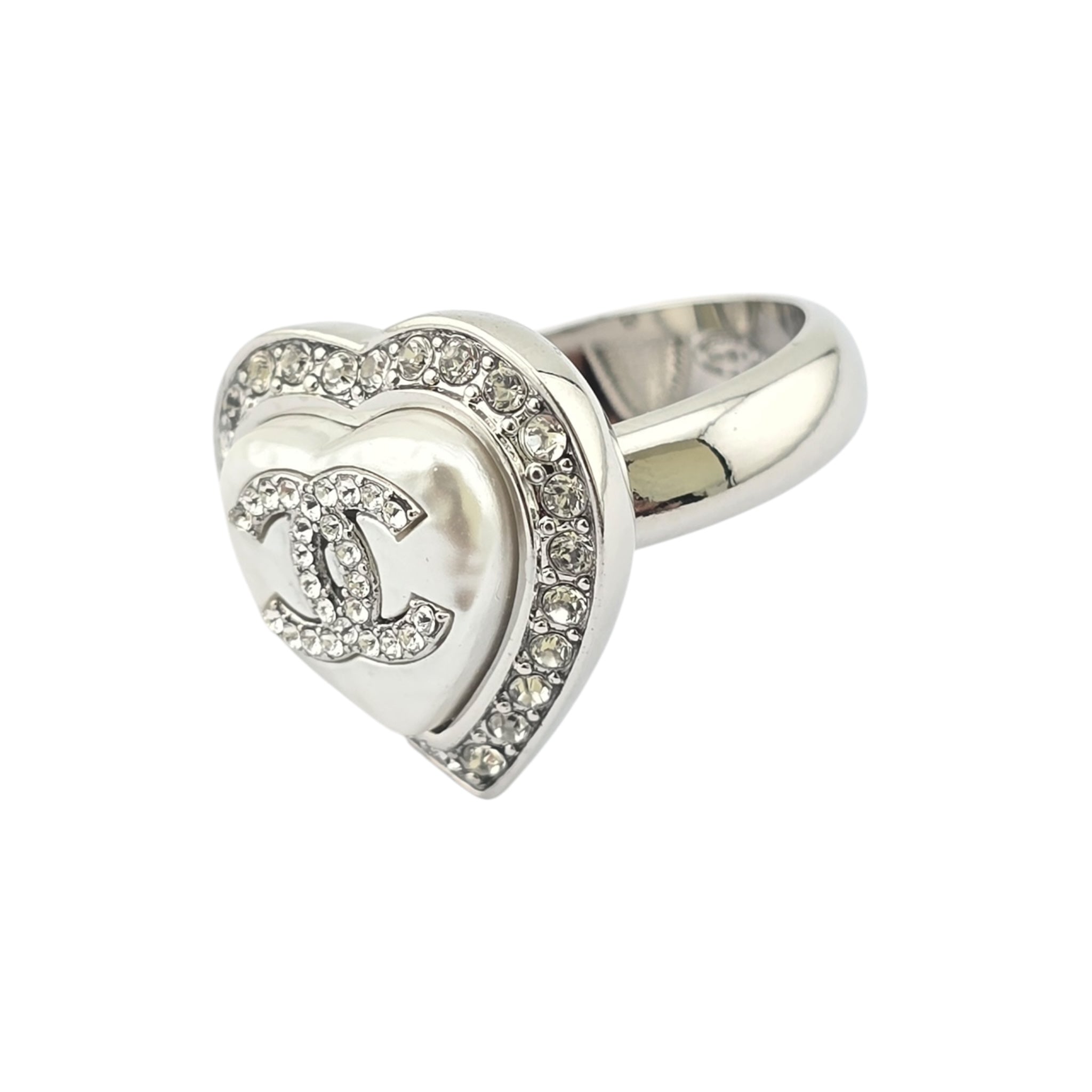 Chanel CC Silver Heart Pearly White Ring