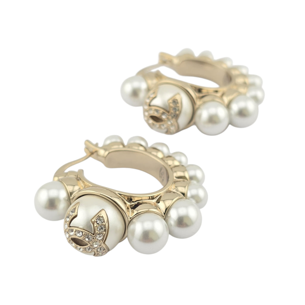 Chanel CC Gold Faux Pearl Hoop Earrings