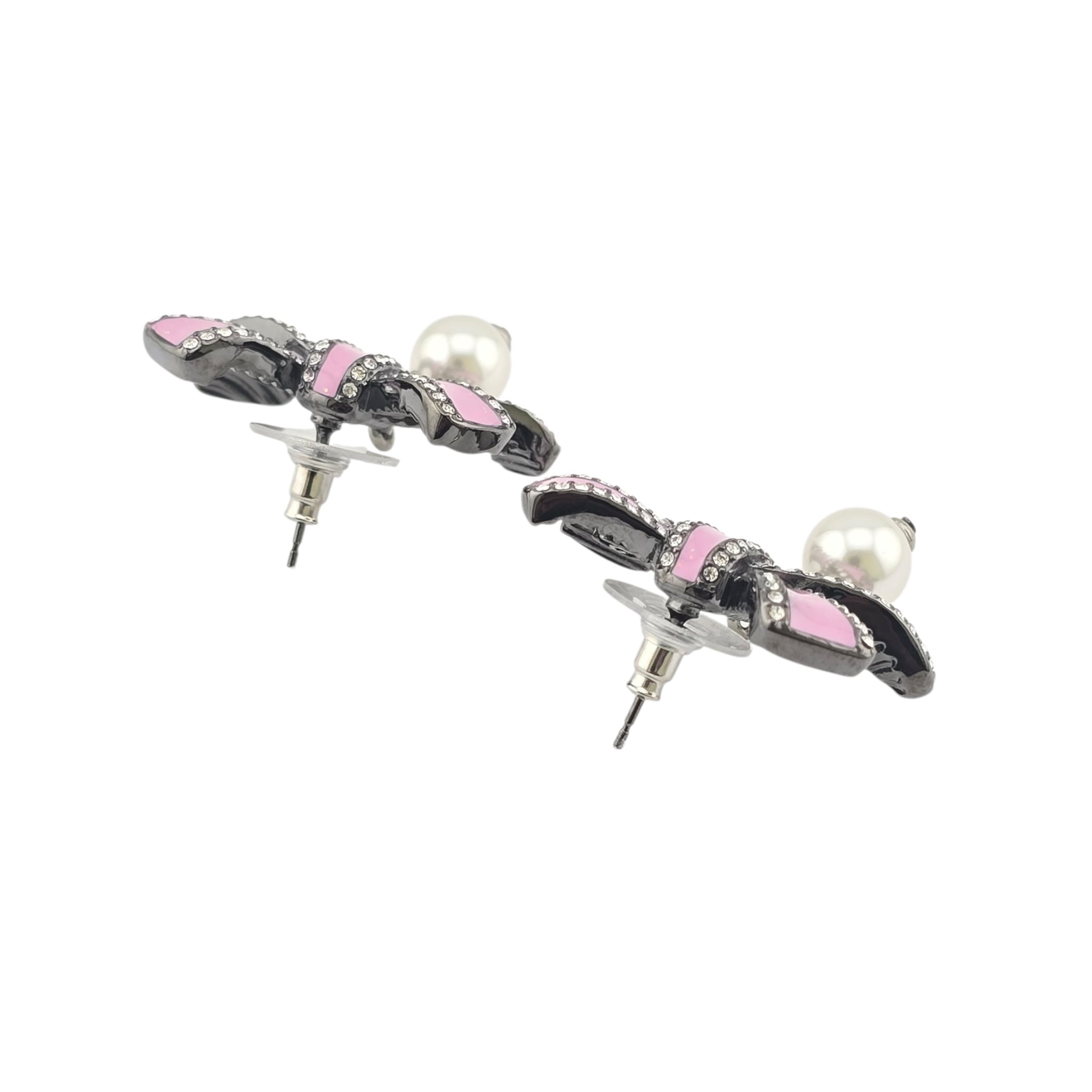 Chanel CC Silver Crystal Enamel Bow Earrings 2025