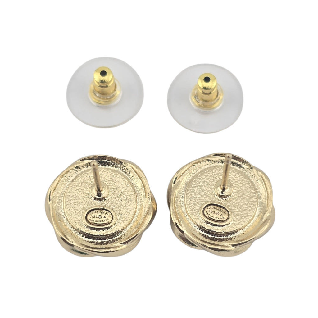 Chanel CC Resin Round Earrings Gold Black A22 CHANEL