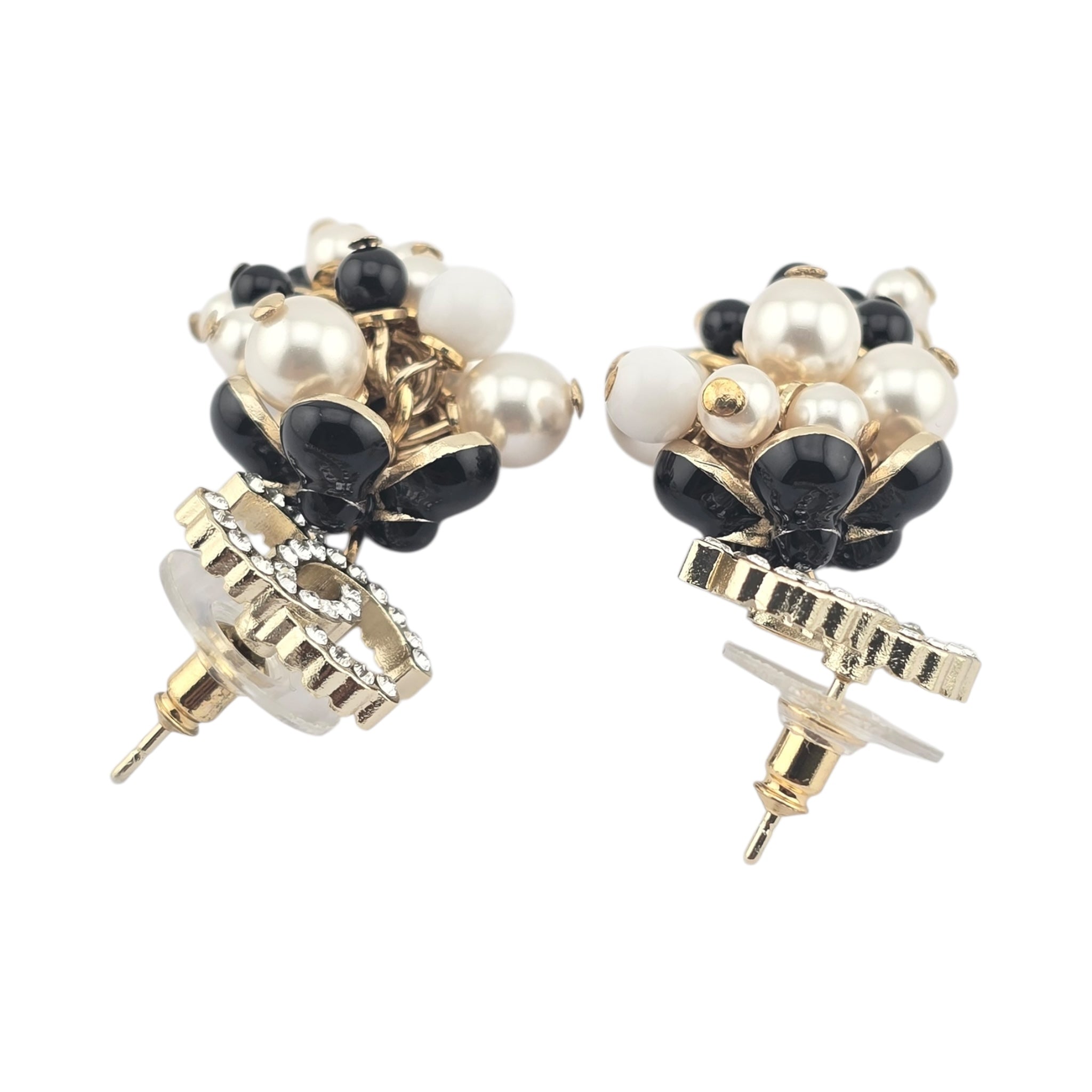 Chanel CC Faux Pearl White Black Gold Earrings CHANEL