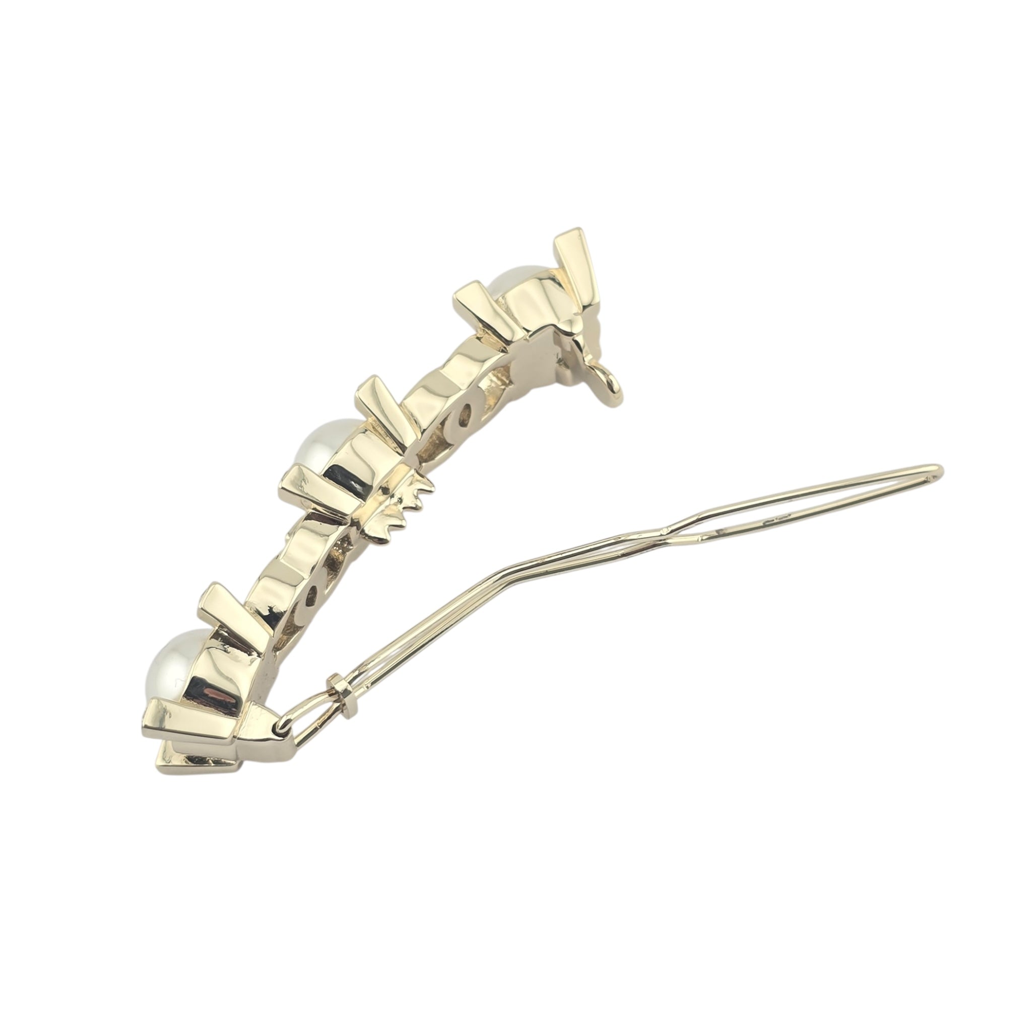 Chanel CC Faux Pearl Gold Hair Barrette Clip CHANEL