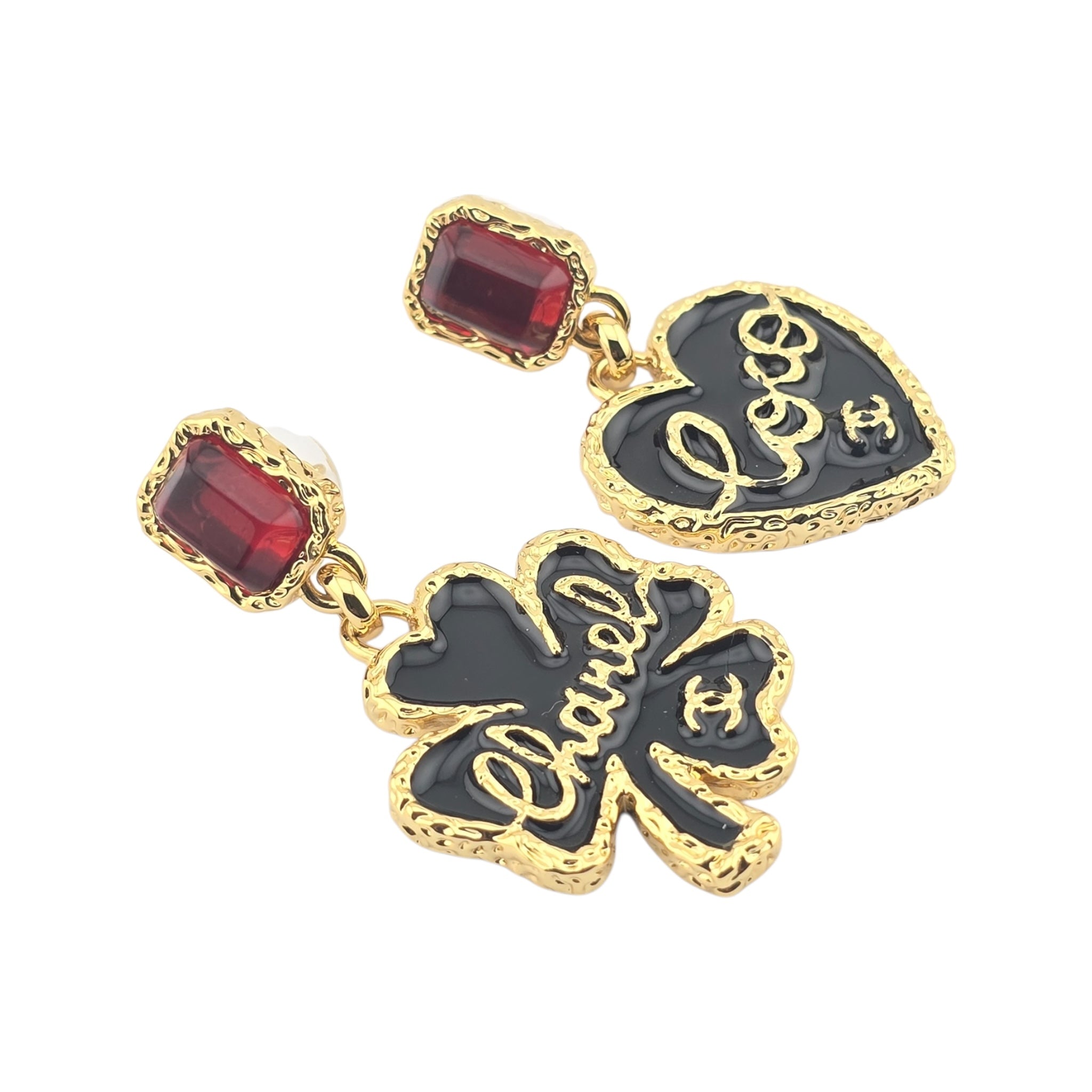 Chanel CC Clover Heart Black Gold Earrings 2024 CHANEL