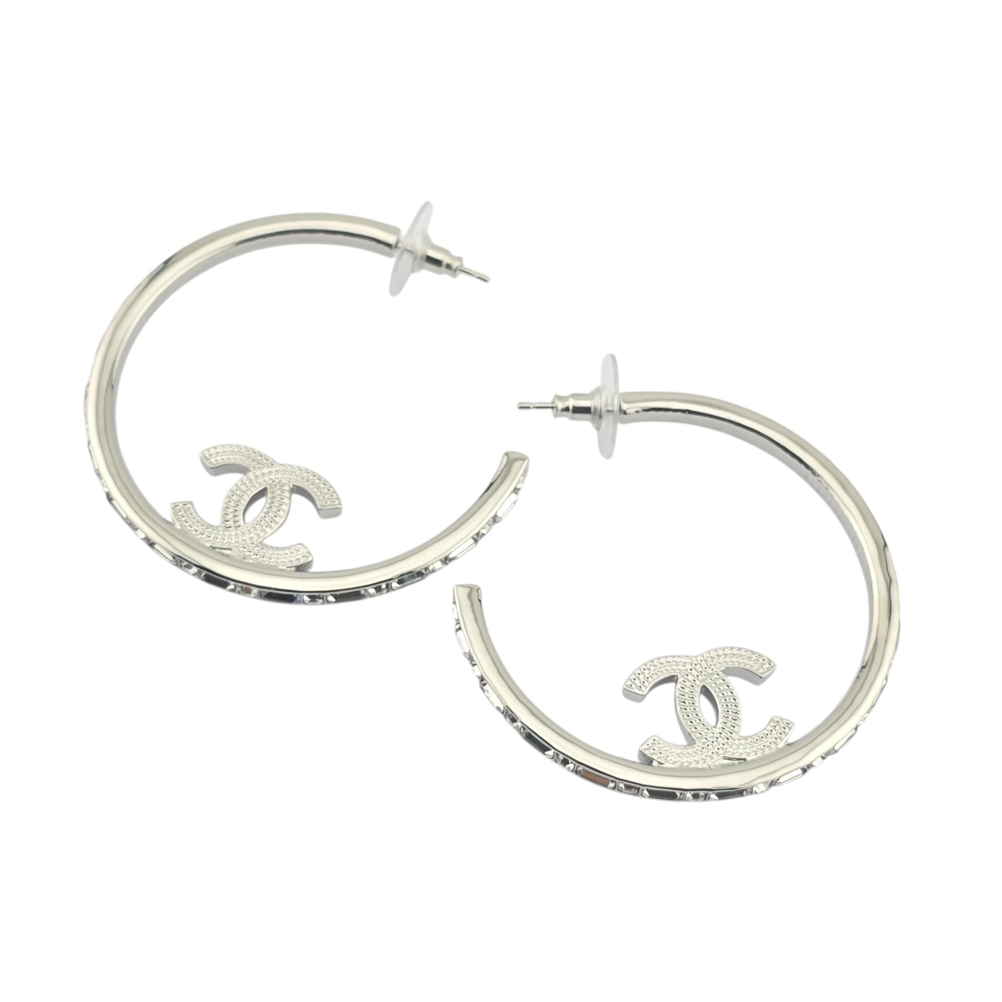 Chanel CC Metal Crystal Baguette Large Hoop Earrings Silver 2022 CHANEL
